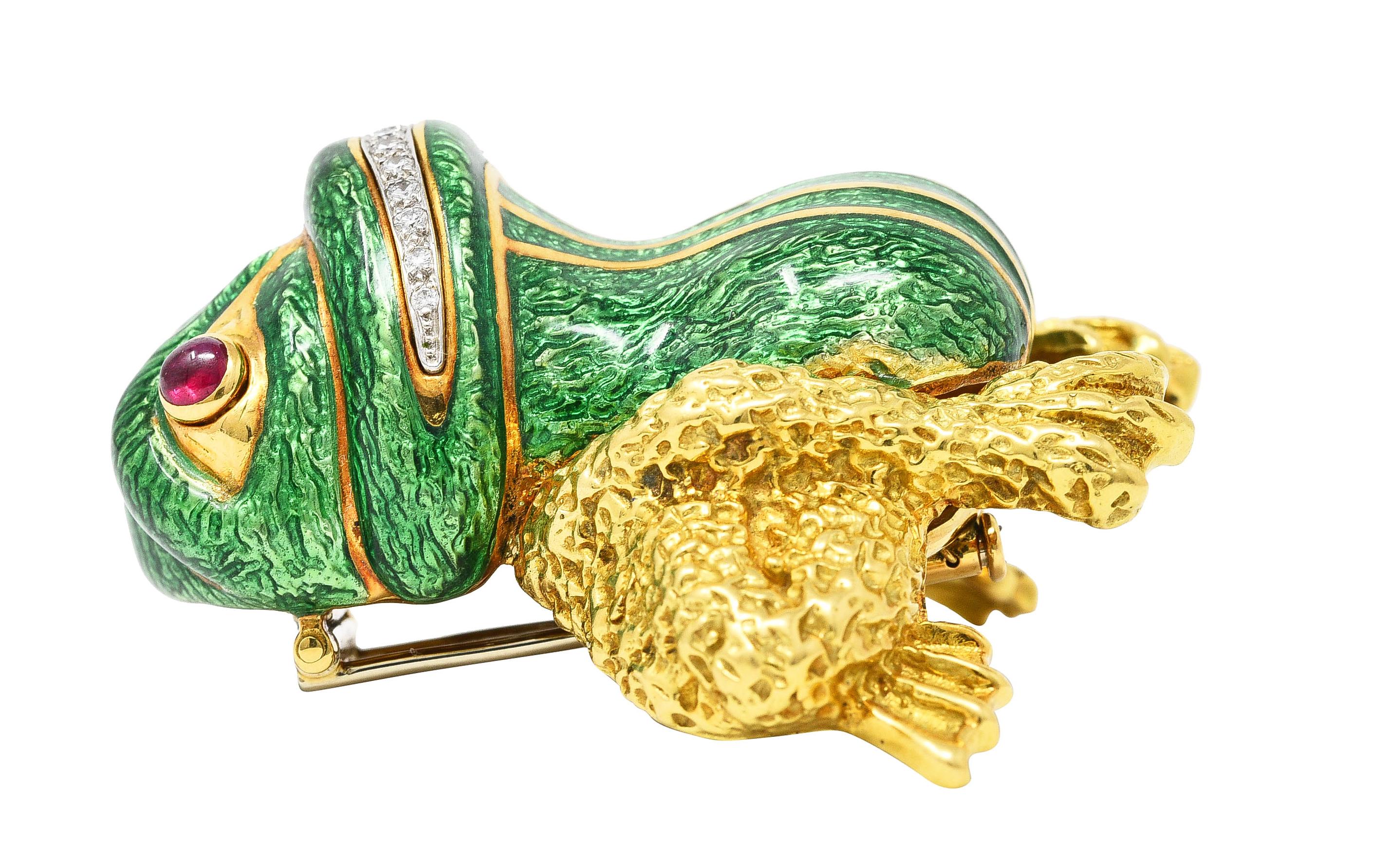 Women's or Men's David Webb 1960's Diamond Ruby Enamel Platinum 18 Karat Yellow Gold Frog Brooch