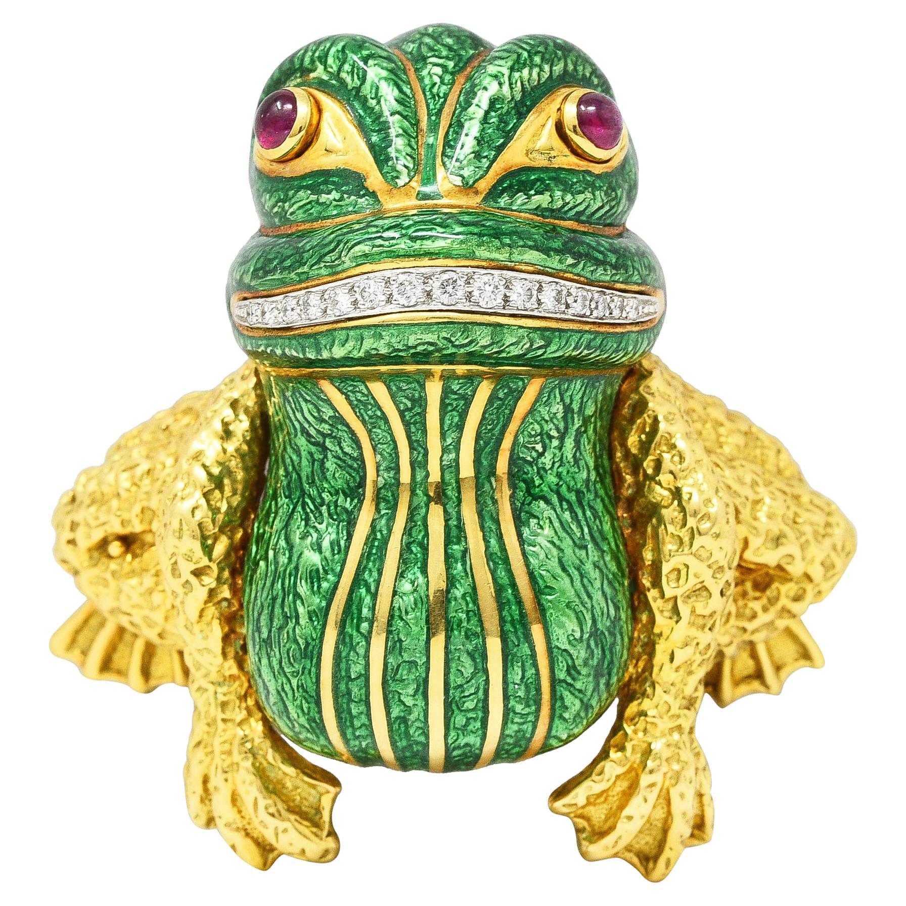 David Webb 1960's Diamond Ruby Enamel Platinum 18 Karat Yellow Gold Frog Brooch