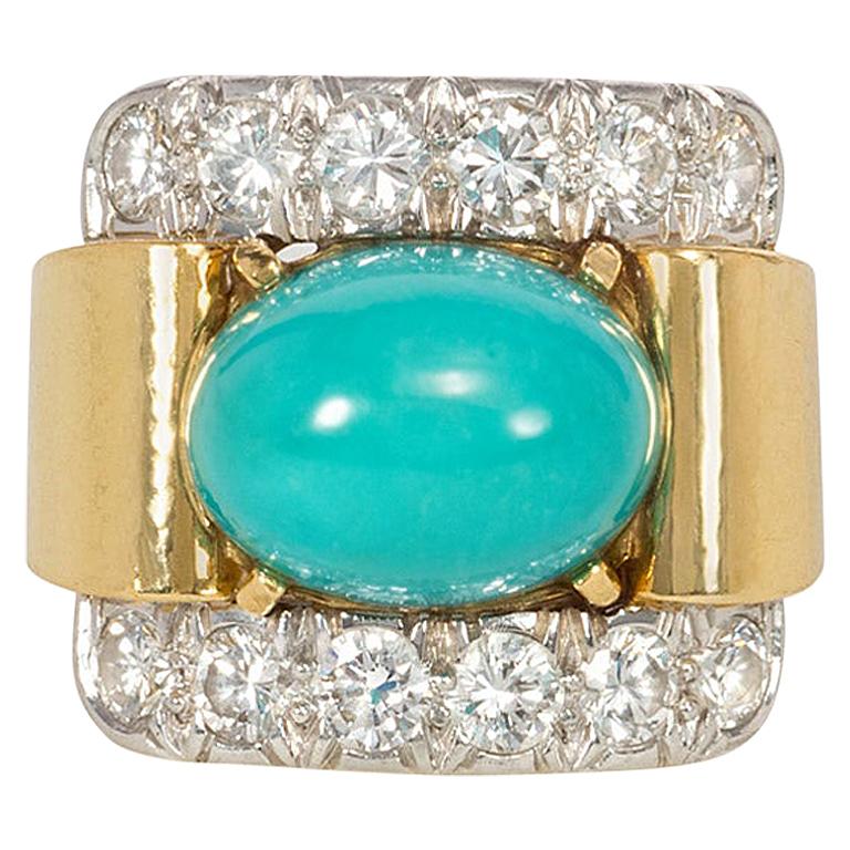 David Webb 1960s Gold, Diamond, and Turquoise Cocktail Ring