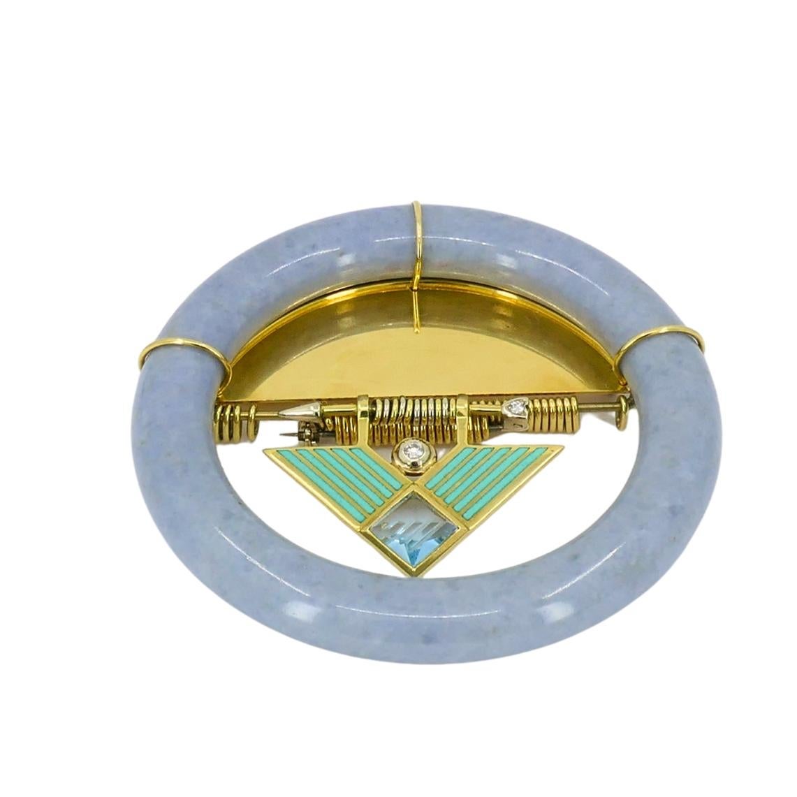Mixed Cut David Webb 1960s Jade Aquamarine Diamond Enamel Gold Brooch Pendant For Sale