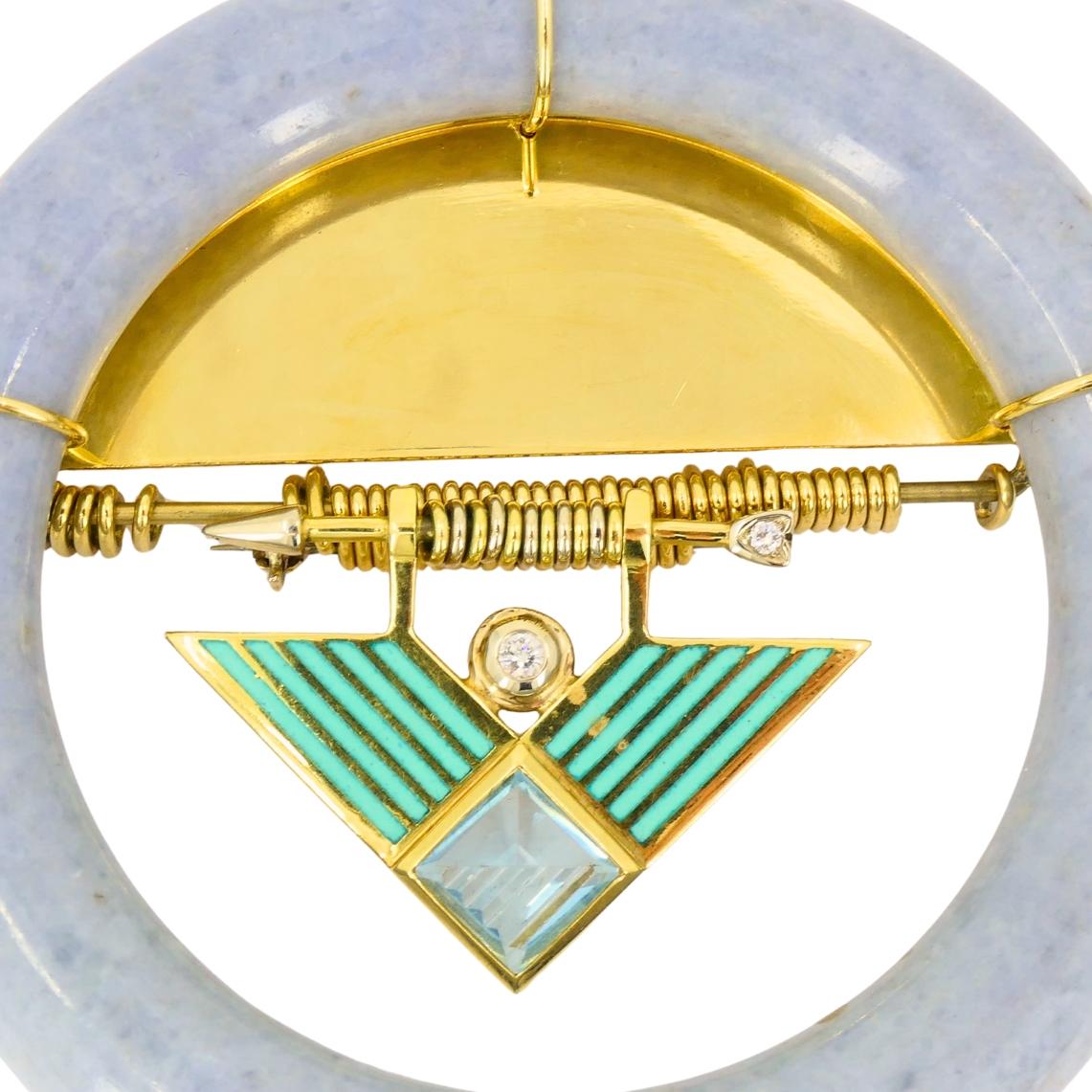 David Webb 1960s Jade Aquamarine Diamond Enamel Gold Brooch Pendant In Excellent Condition For Sale In Beverly Hills, CA