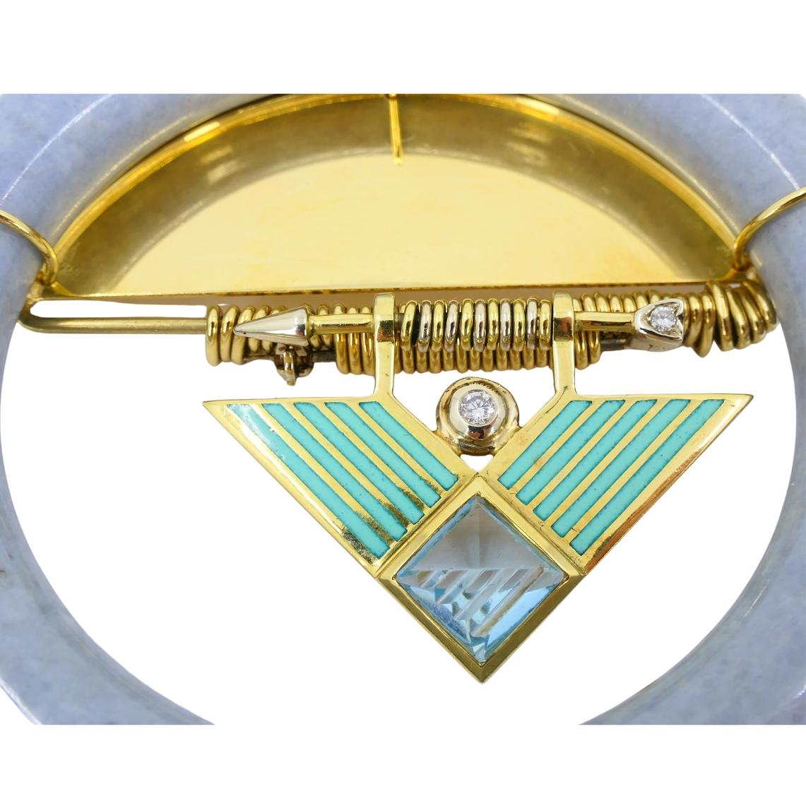 David Webb 1960s Jade Aquamarine Diamond Enamel Gold Brooch Pendant For Sale 3
