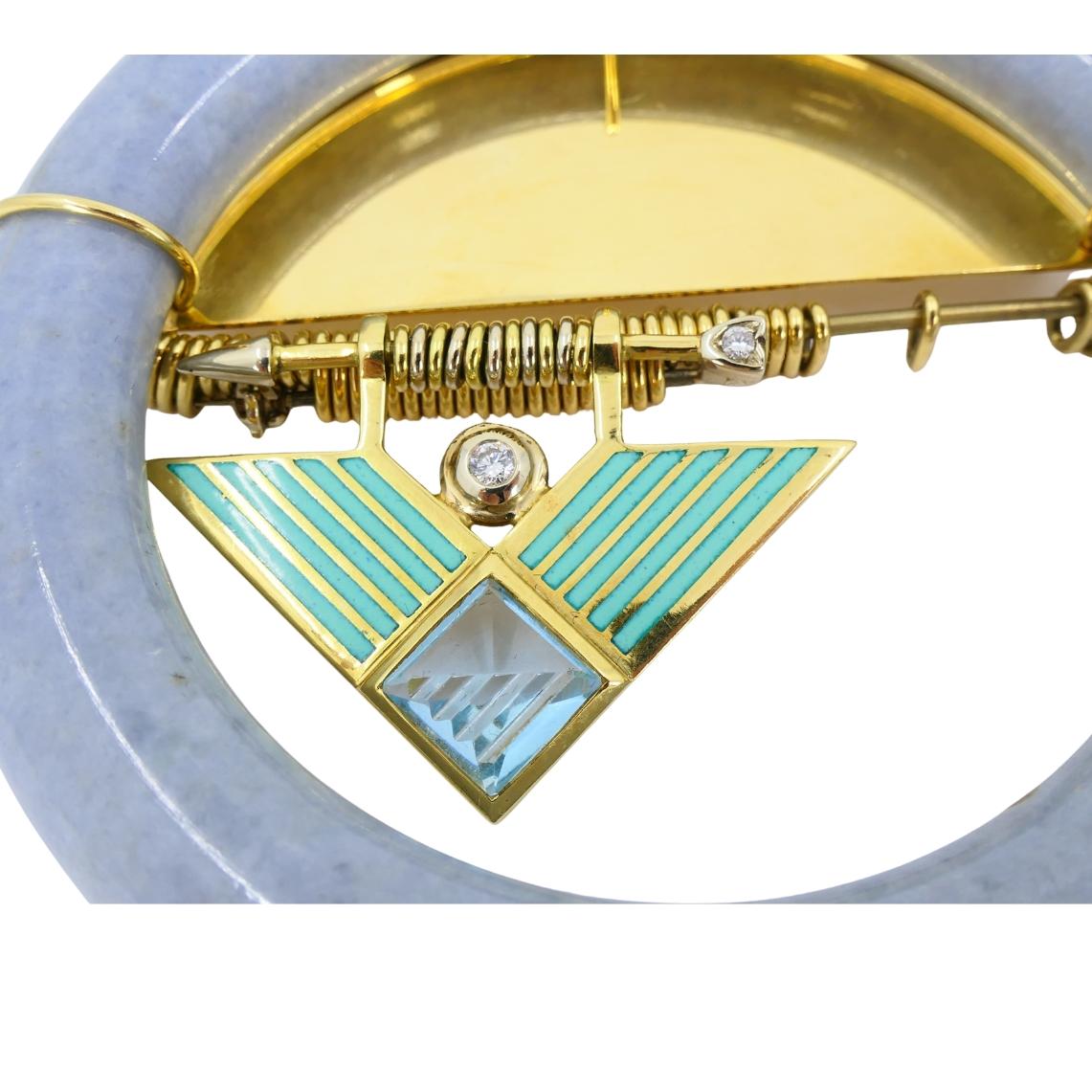 David Webb 1960s Jade Aquamarine Diamond Enamel Gold Brooch Pendant For Sale 4