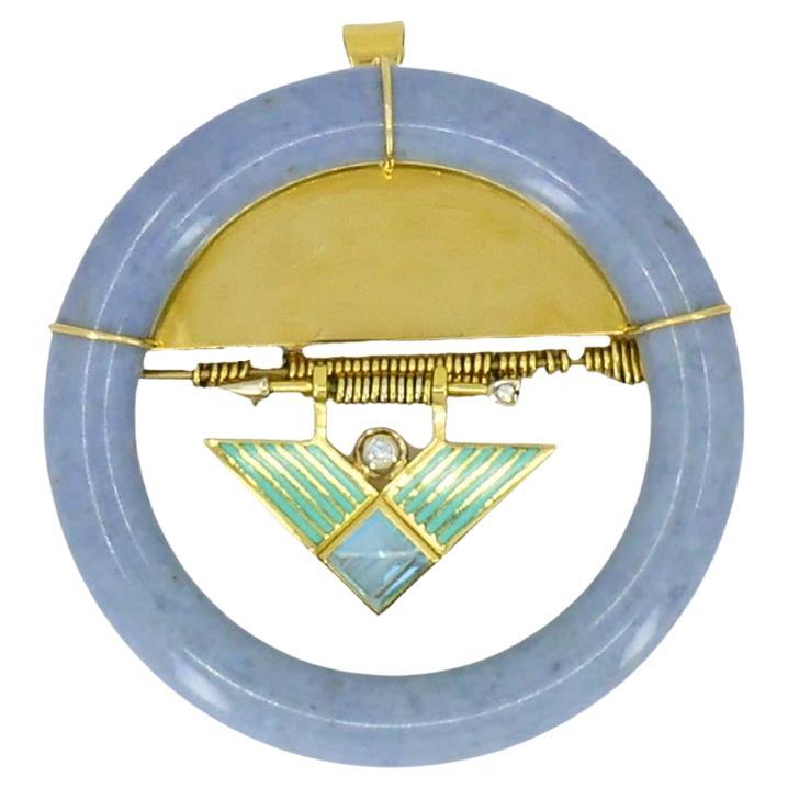 David Webb 1960s Jade Aquamarine Diamond Enamel Gold Brooch Pendant For Sale