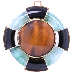 Vintage David Webb 1960s Jade Tiger's Eye Onyx Diamond 18 Karat Gold Platinum Pendant