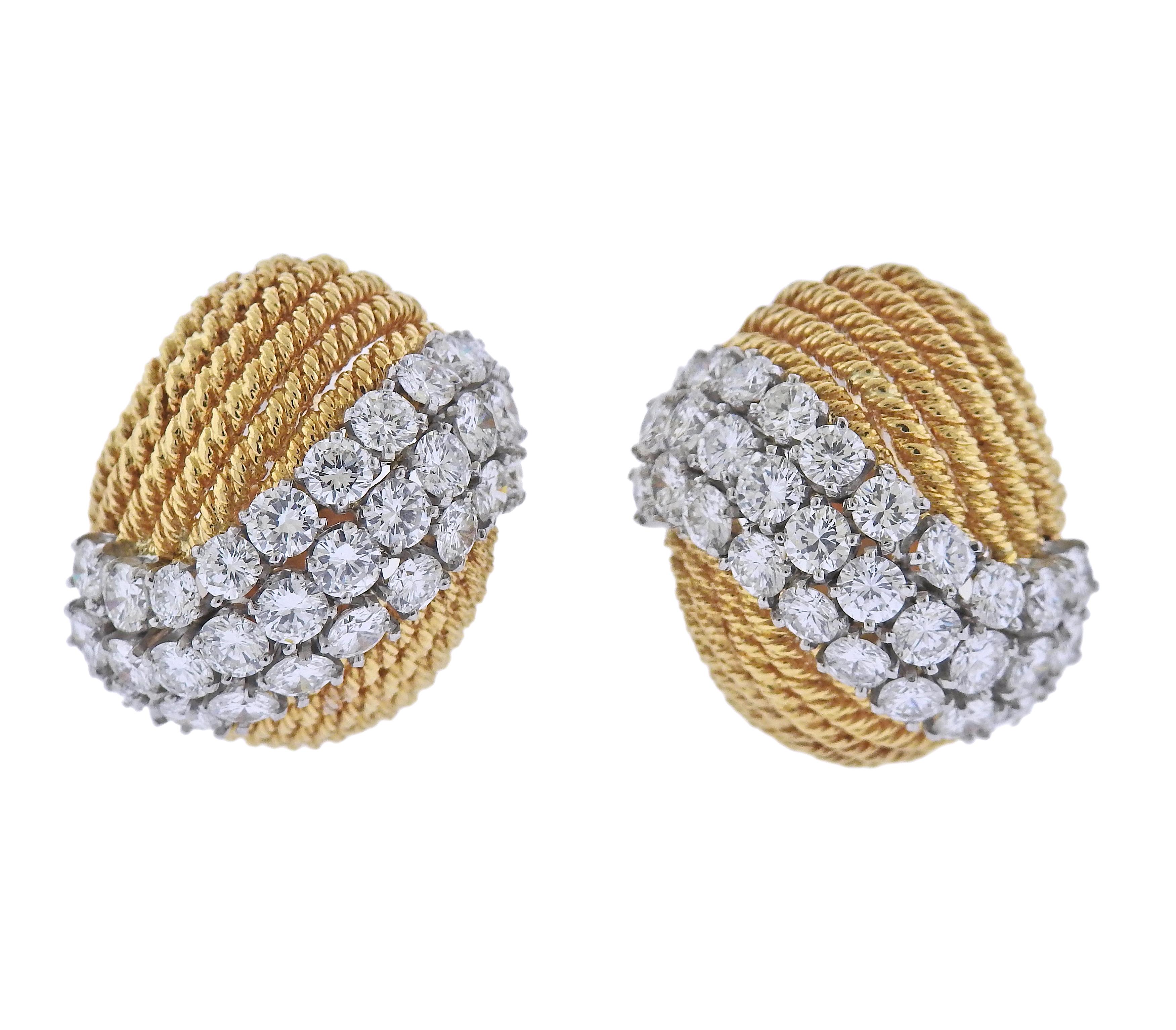 Pair of vintage circa 1960s 18k gold and platinum earrings, with approx. 6.50ctw H/VS-Si1 diamonds. Earrings are 25mm x 20mm. Marked: Webb, 18k,. Plat. Weight - 30.8 grams.
