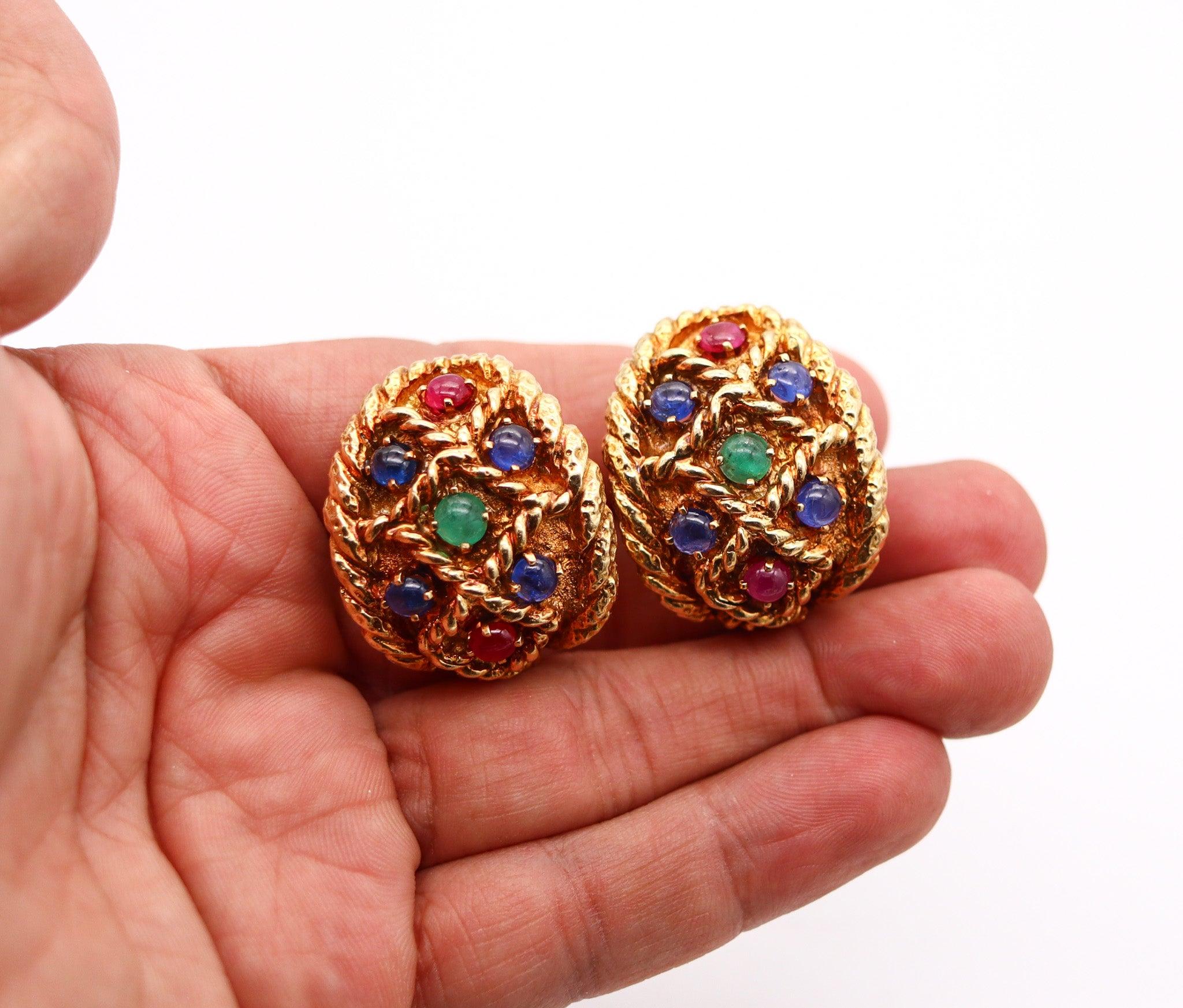 DAVID WEBB Clips d'oreilles en or jaune 18 carats avec 8,44 carats de pierres précieuses, 1970 Excellent état - En vente à Miami, FL