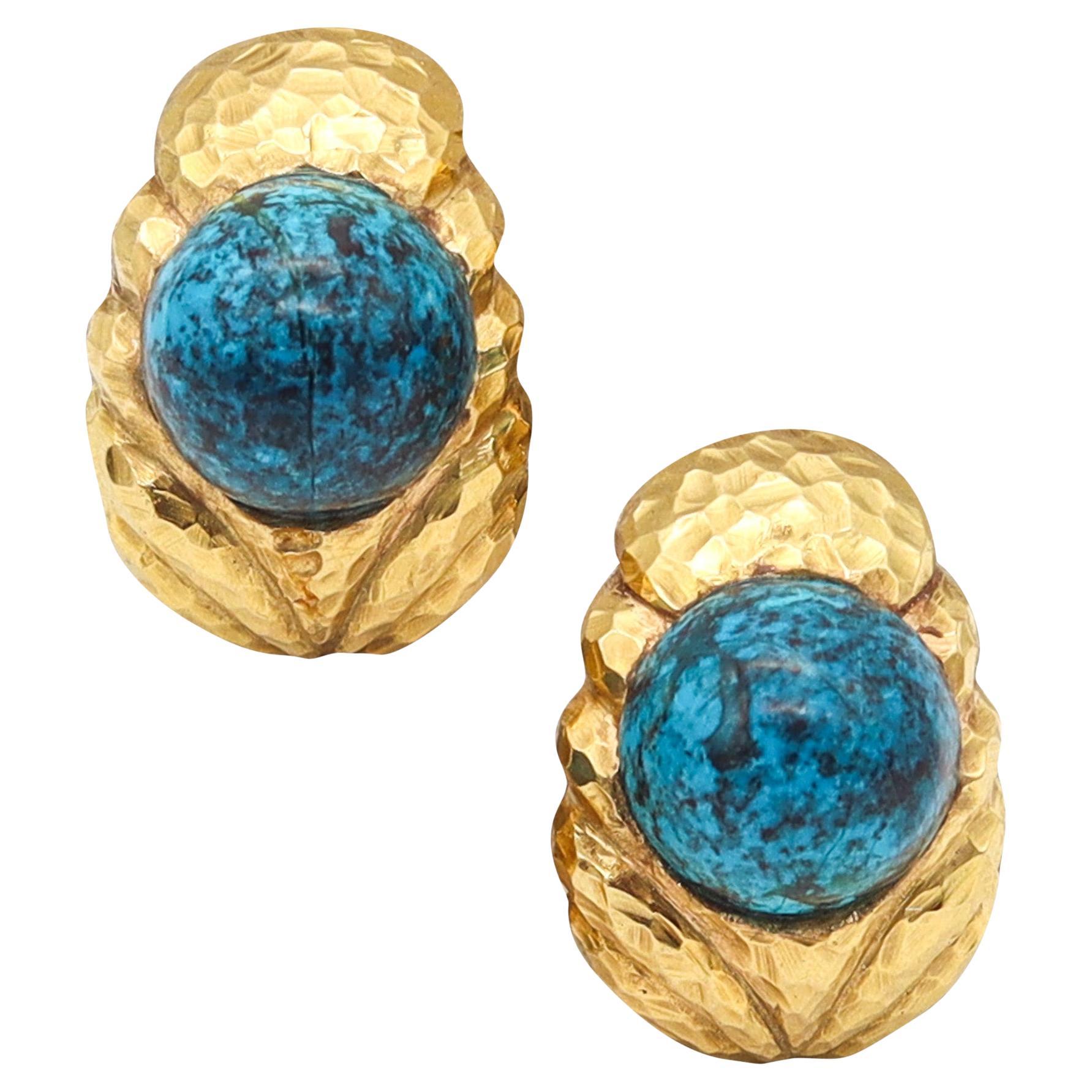 DAVID WEBB 1970 Clips-On Earrings In Faceted 18kt Yellow Gold With Azurmalachite