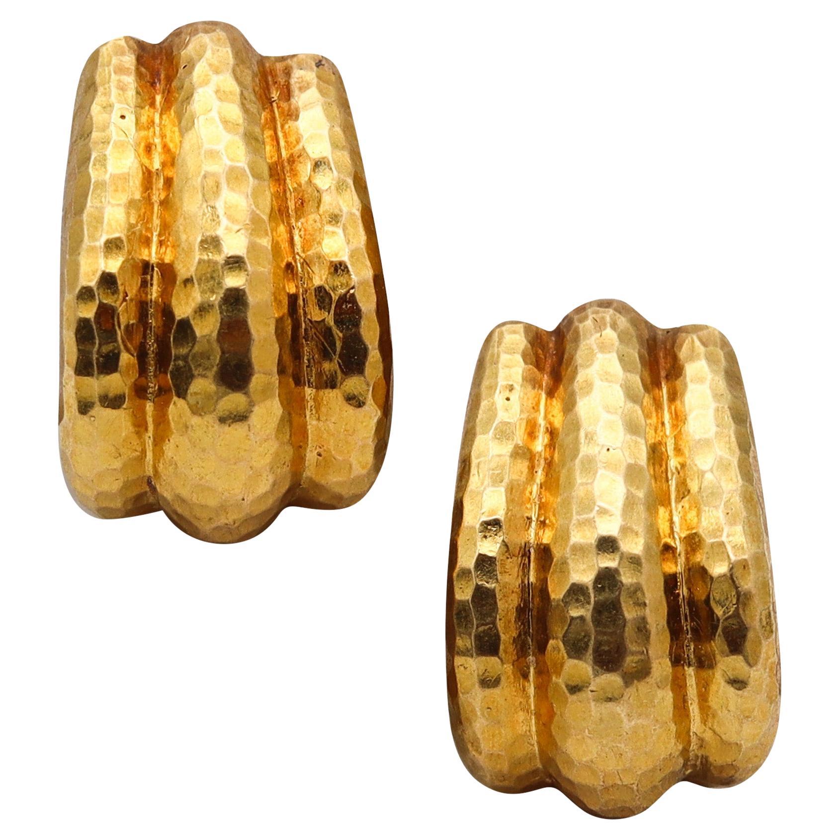 DAVID WEBB 1970 Hammered Hoops Clips Earrings In Solid 18Kt Yellow Gold