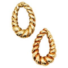 Retro David Webb 1970 Hammered Hoops Clips-On Earrings In Solid 18Kt Yellow Gold