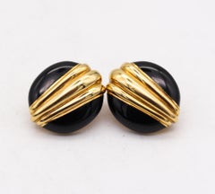 David Webb 1970 New York Black Enameled Clip Earrings in Solid 18Kt Yellow Gold
