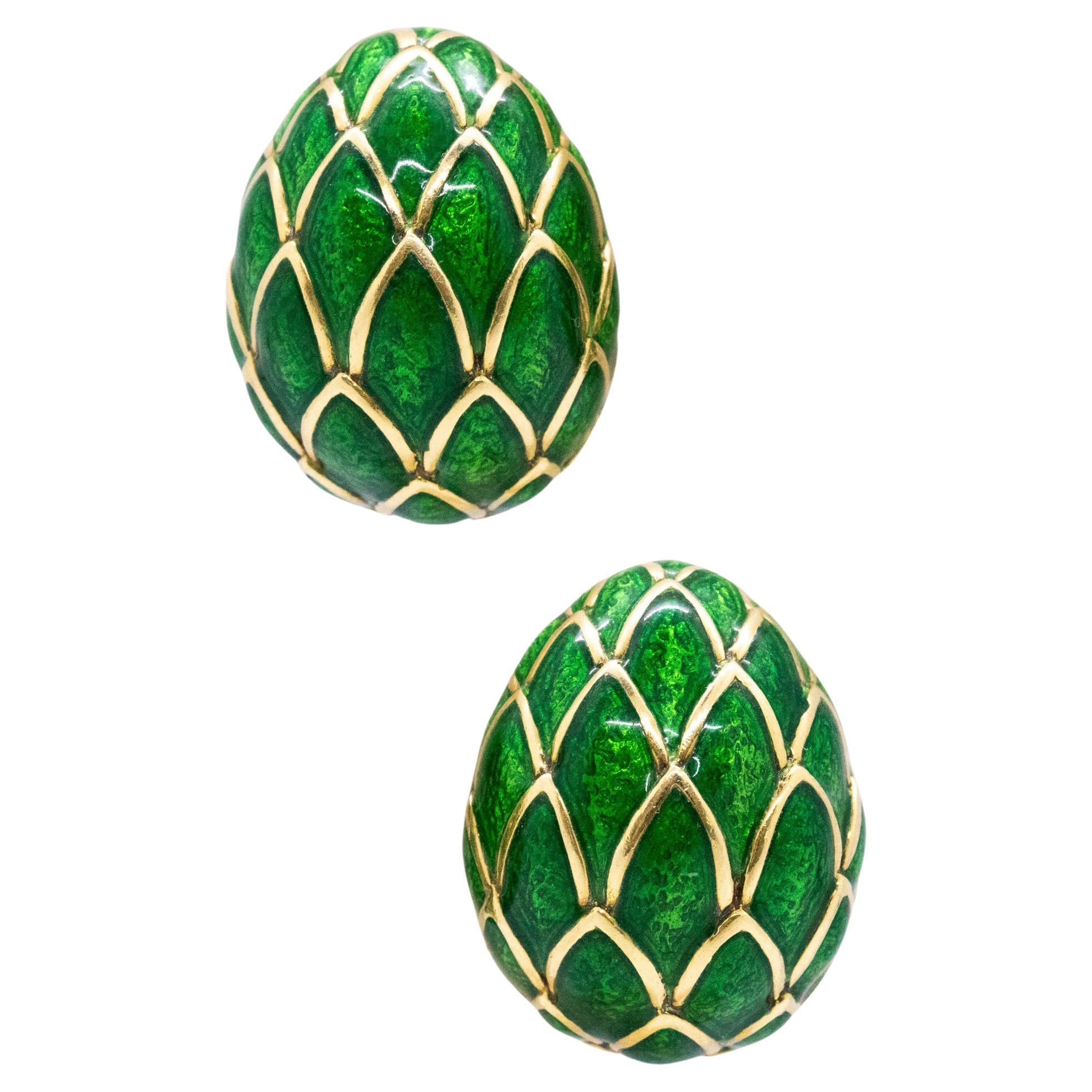 David Webb 1970 New York Green Enameled Quilted Clip Earrings 18Kt Yellow Gold