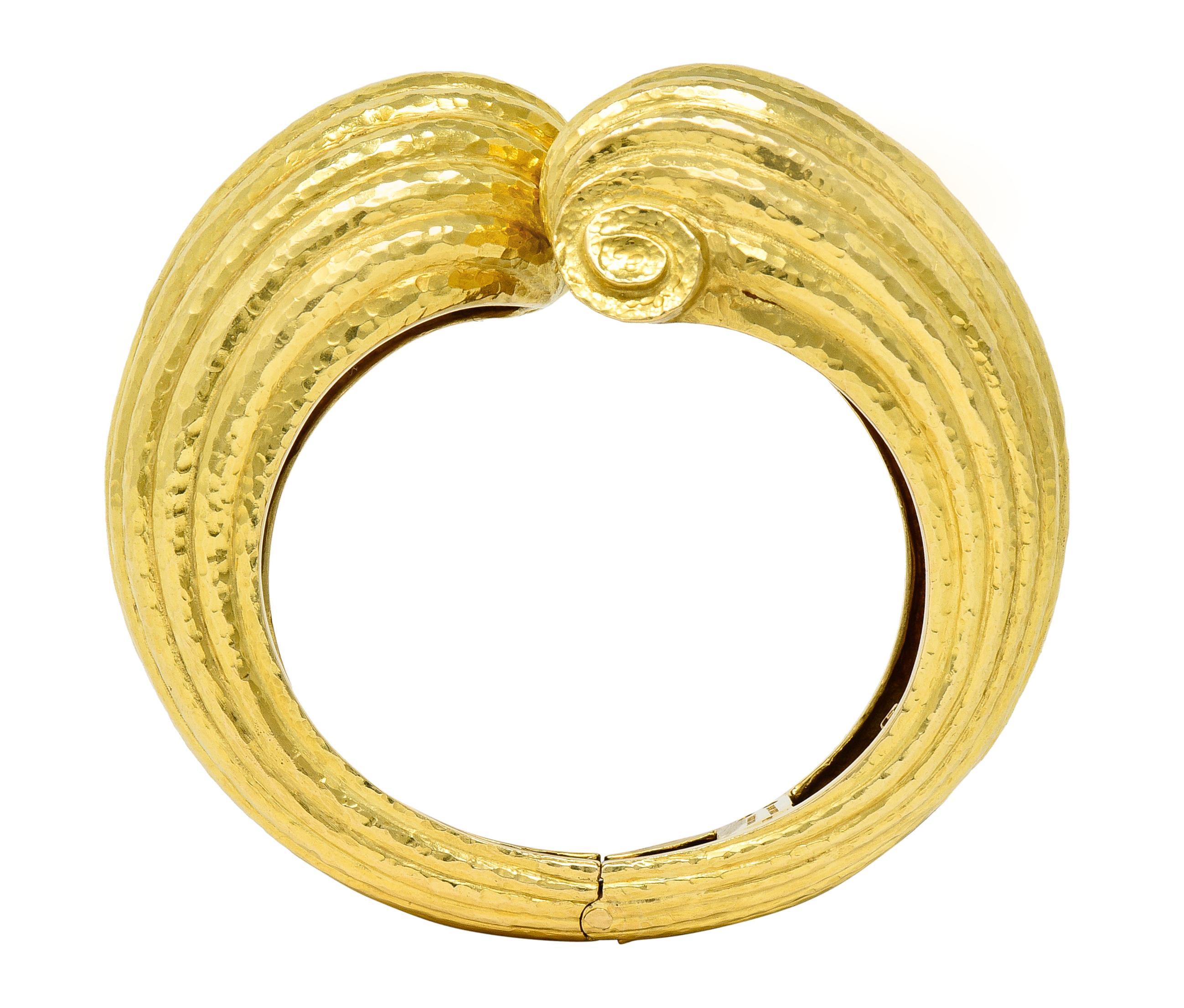 David Webb 1970s 18 Karat Yellow Gold Fluted Hammered Scroll Cuff Bracelet 4