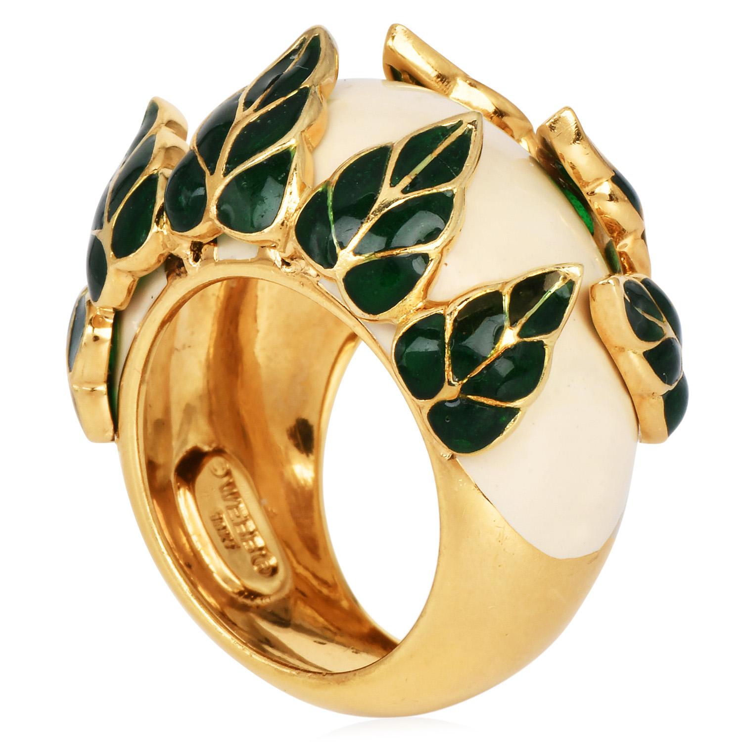 Women's David Webb 1970s 18K Gold Enamel Leaf Dome Statement Ring For Sale
