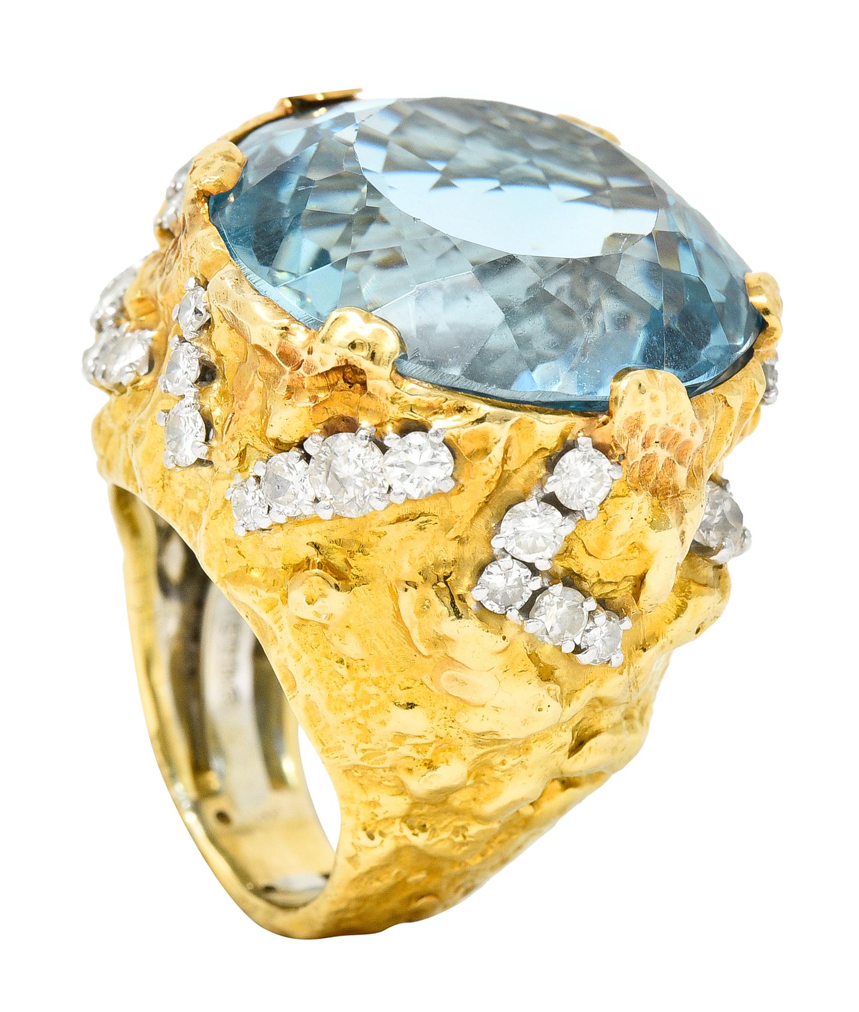 David Webb 1970's 43.10 Carats Aquamarine Diamond 18 Karat Yellow Gold Ring 6