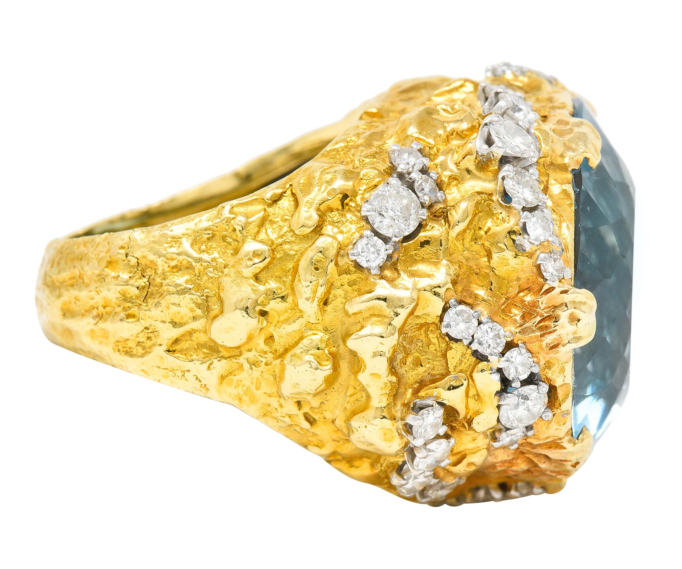 Mixed Cut David Webb 1970's 43.10 Carats Aquamarine Diamond 18 Karat Yellow Gold Ring