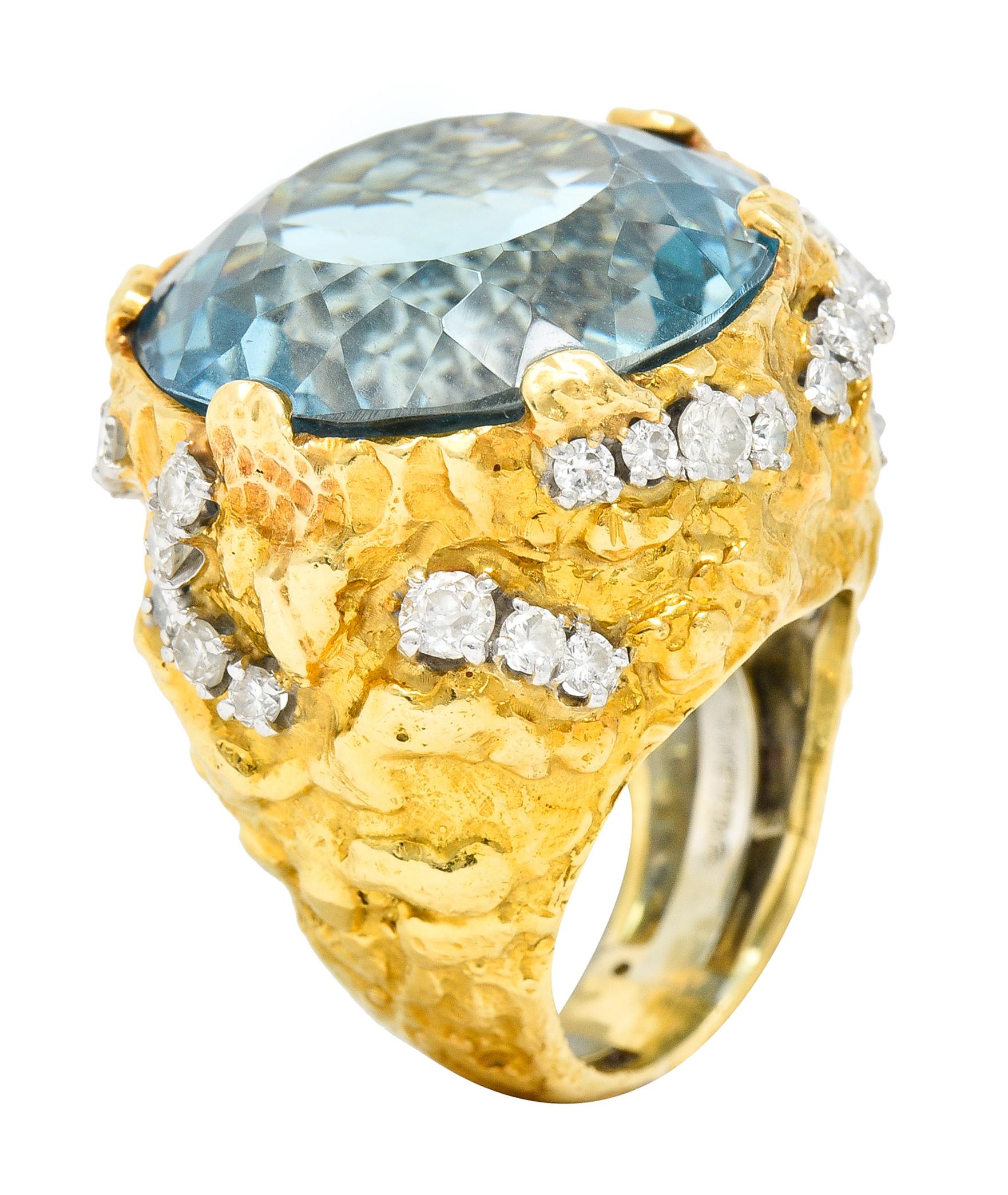 David Webb 1970's 43.10 Carats Aquamarine Diamond 18 Karat Yellow Gold Ring 1