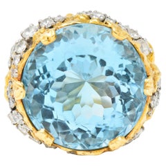 David Webb 1970's 43.10 Carats Aquamarine Diamond 18 Karat Yellow Gold Ring