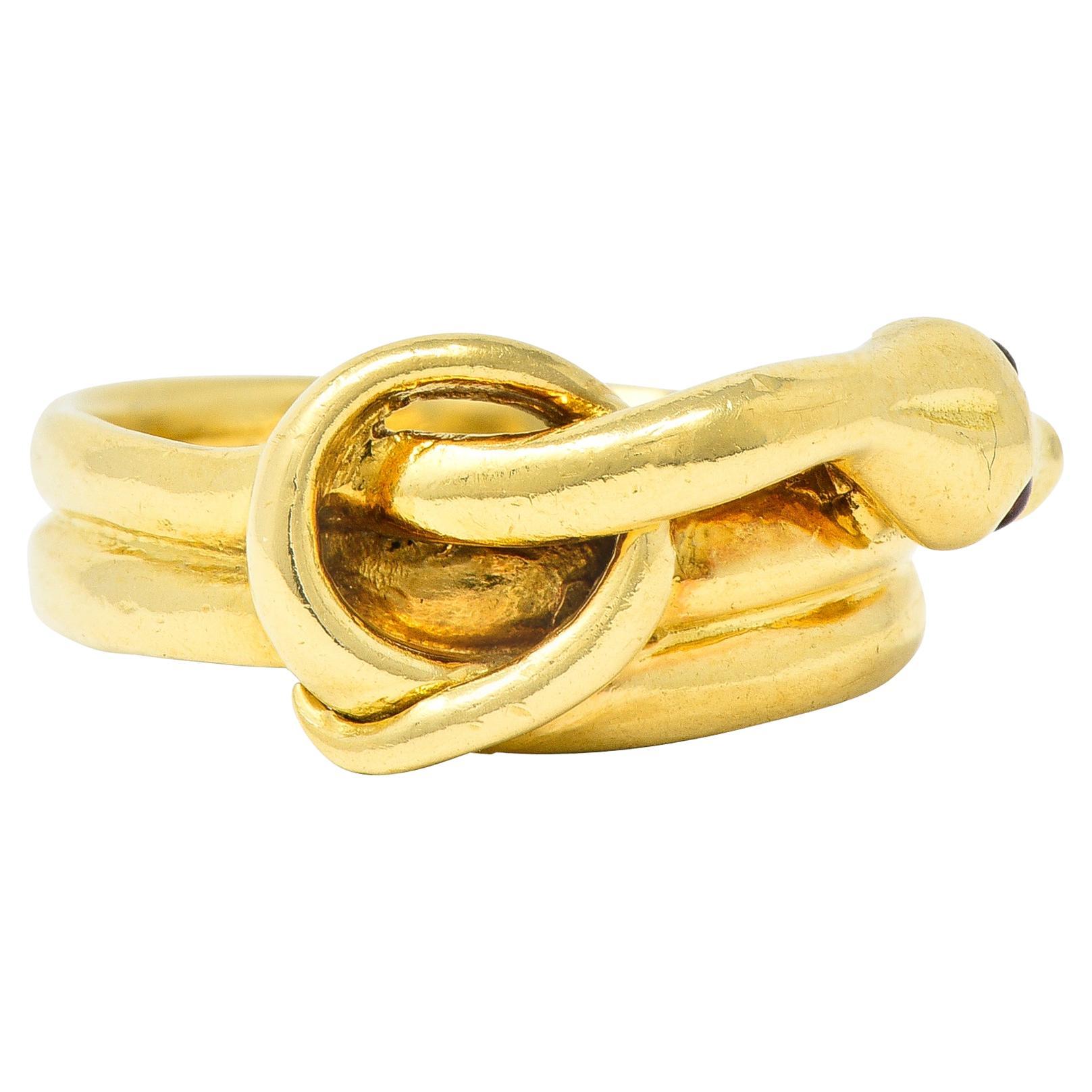 Round Cut David Webb 1970's Ruby 18 Karat Yellow Gold Knotted Snake Vintage Band Ring