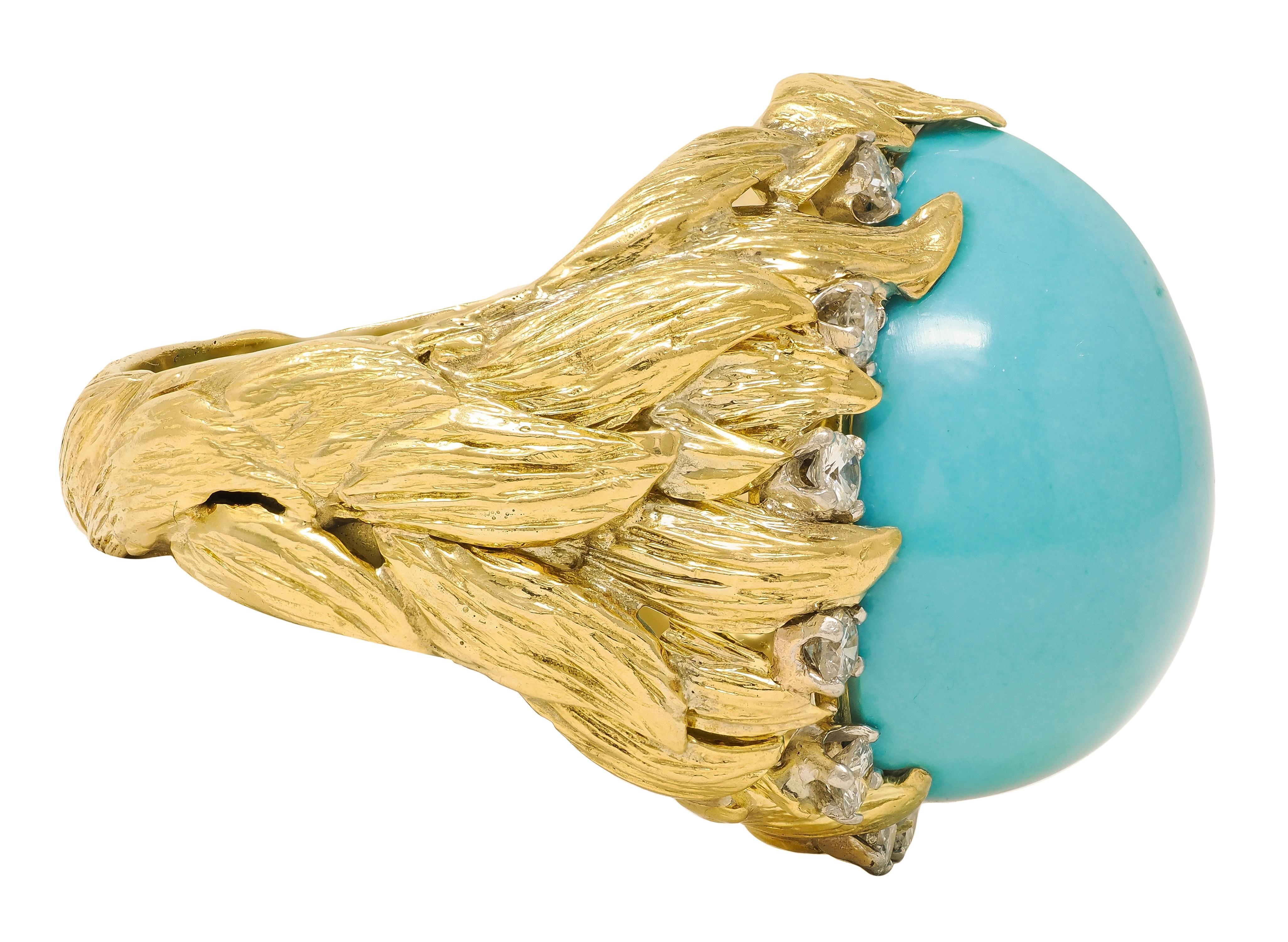 David Webb 1970's Türkis Diamant 18K Gold Platin Vintage Foliate Ring (Cabochon) im Angebot