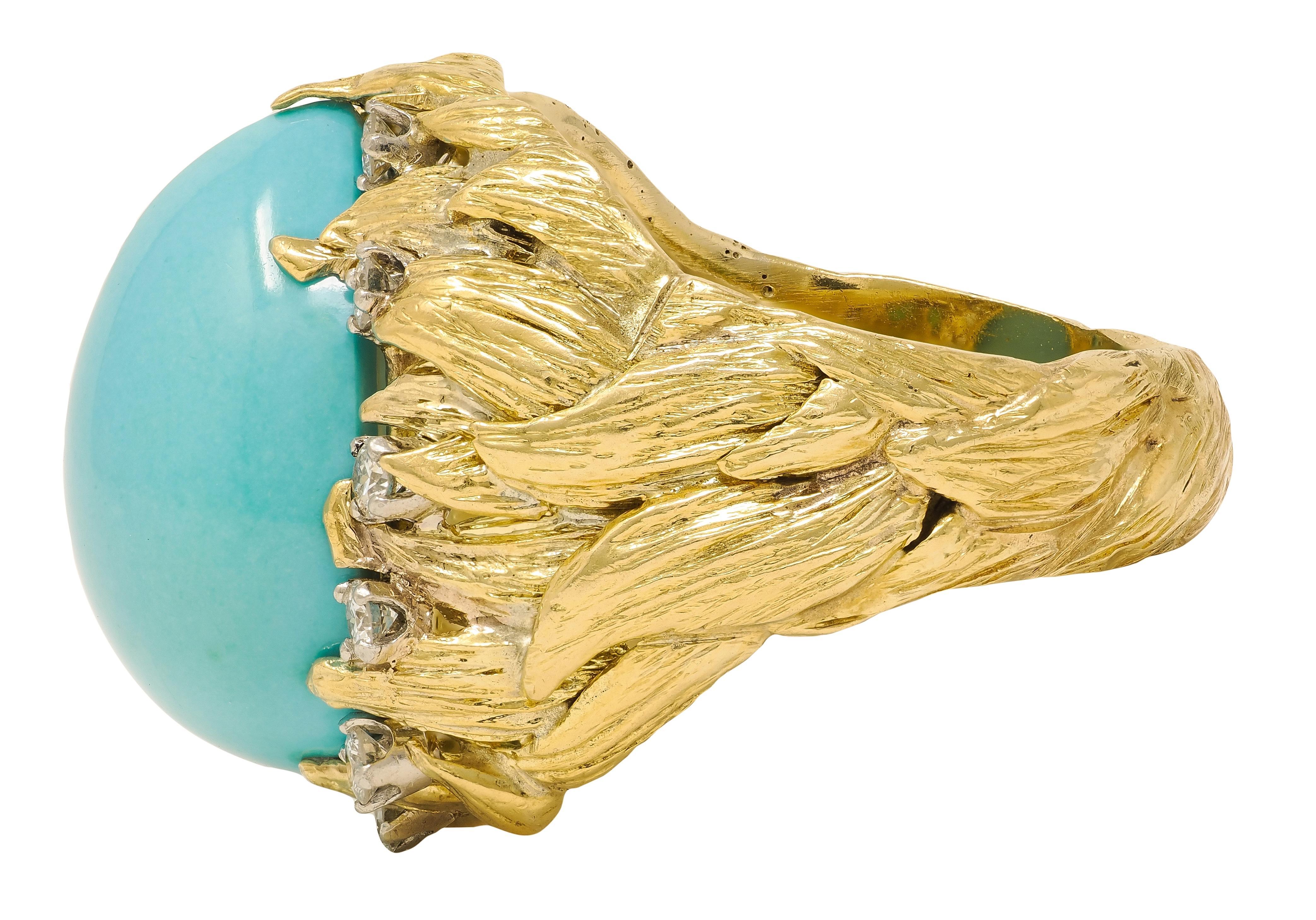 David Webb 1970's Türkis Diamant 18K Gold Platin Vintage Foliate Ring Damen im Angebot