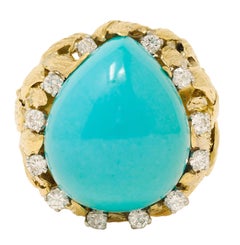 David Webb 1970's Turquoise Diamond 18K Gold Platinum Vintage Foliate Ring