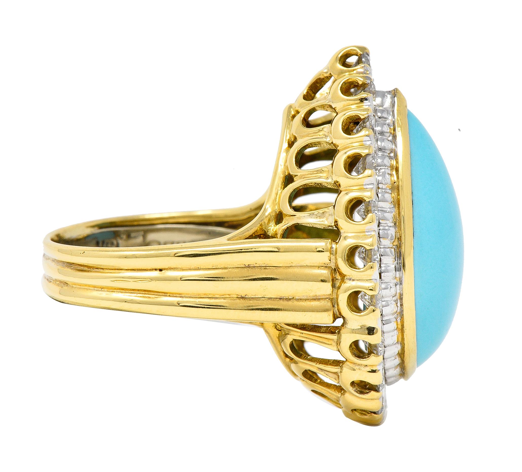 Contemporary David Webb 1970s Turquoise Diamond Platinum-Topped 18 Karat Gold Halo Ring For Sale