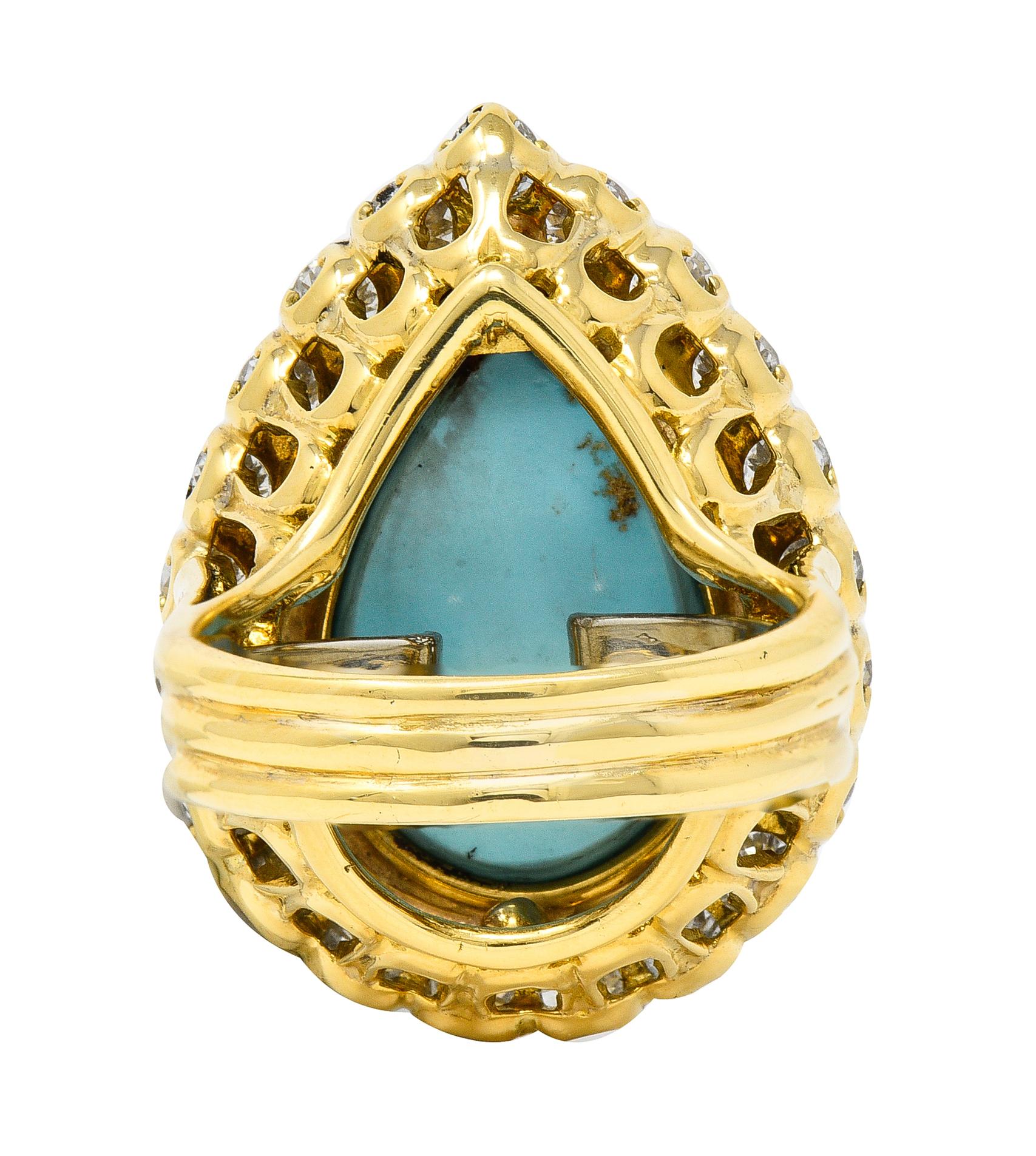 Taille poire David Webb, bague halo en or 18 carats surmontée de diamants et de turquoise, années 1970 en vente