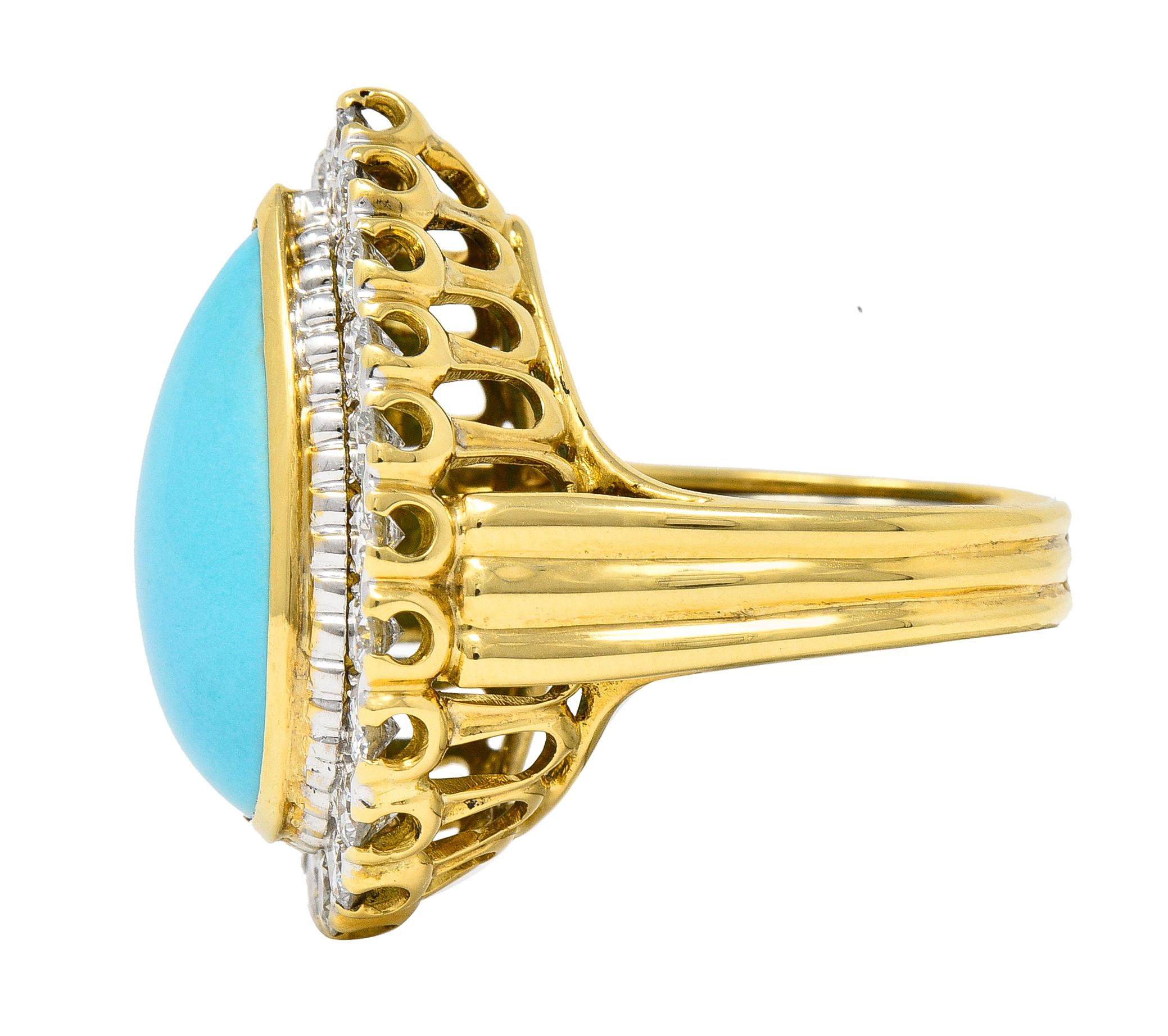 David Webb 1970s Turquoise Diamond Platinum-Topped 18 Karat Gold Halo Ring In Excellent Condition For Sale In Philadelphia, PA