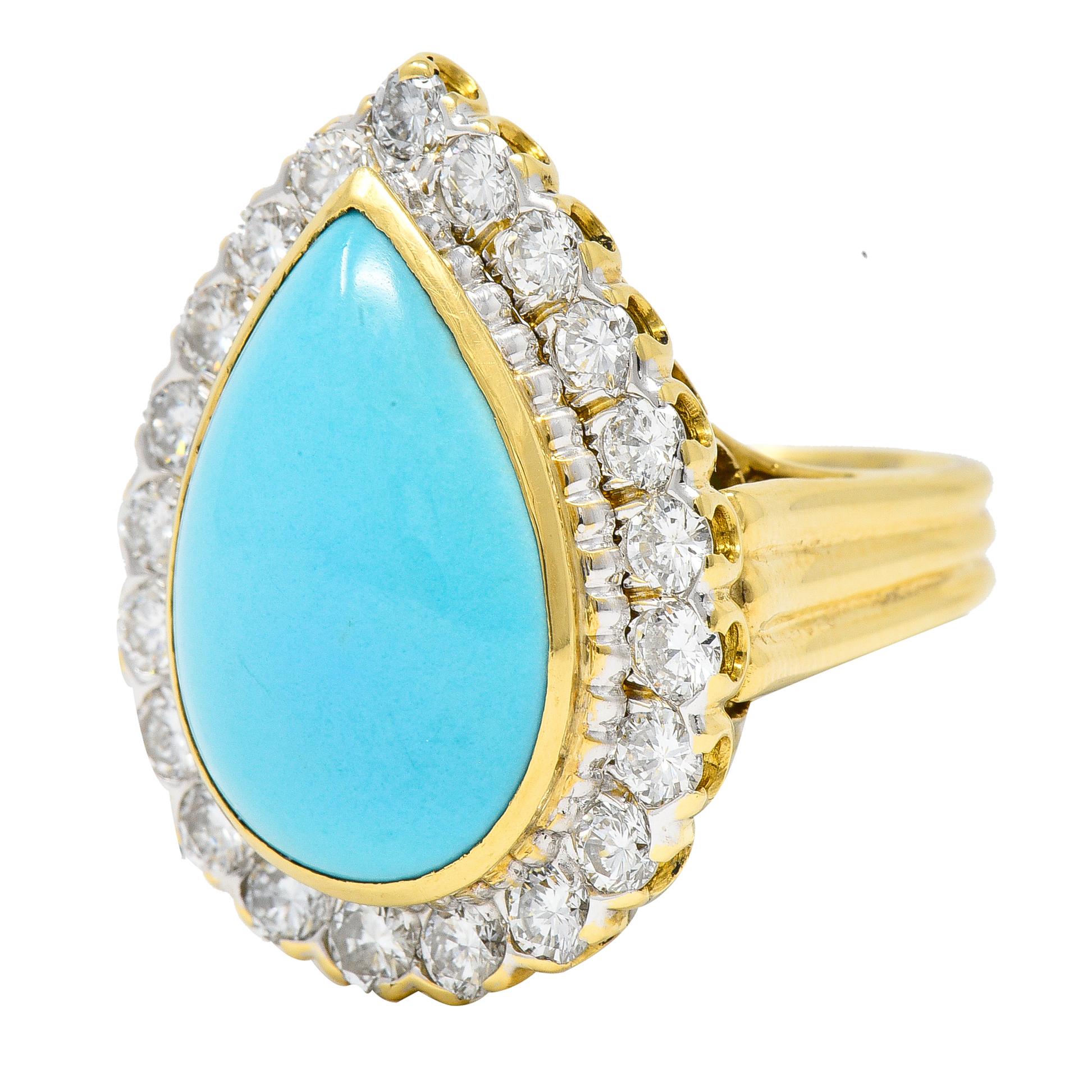 Women's or Men's David Webb 1970s Turquoise Diamond Platinum-Topped 18 Karat Gold Halo Ring For Sale