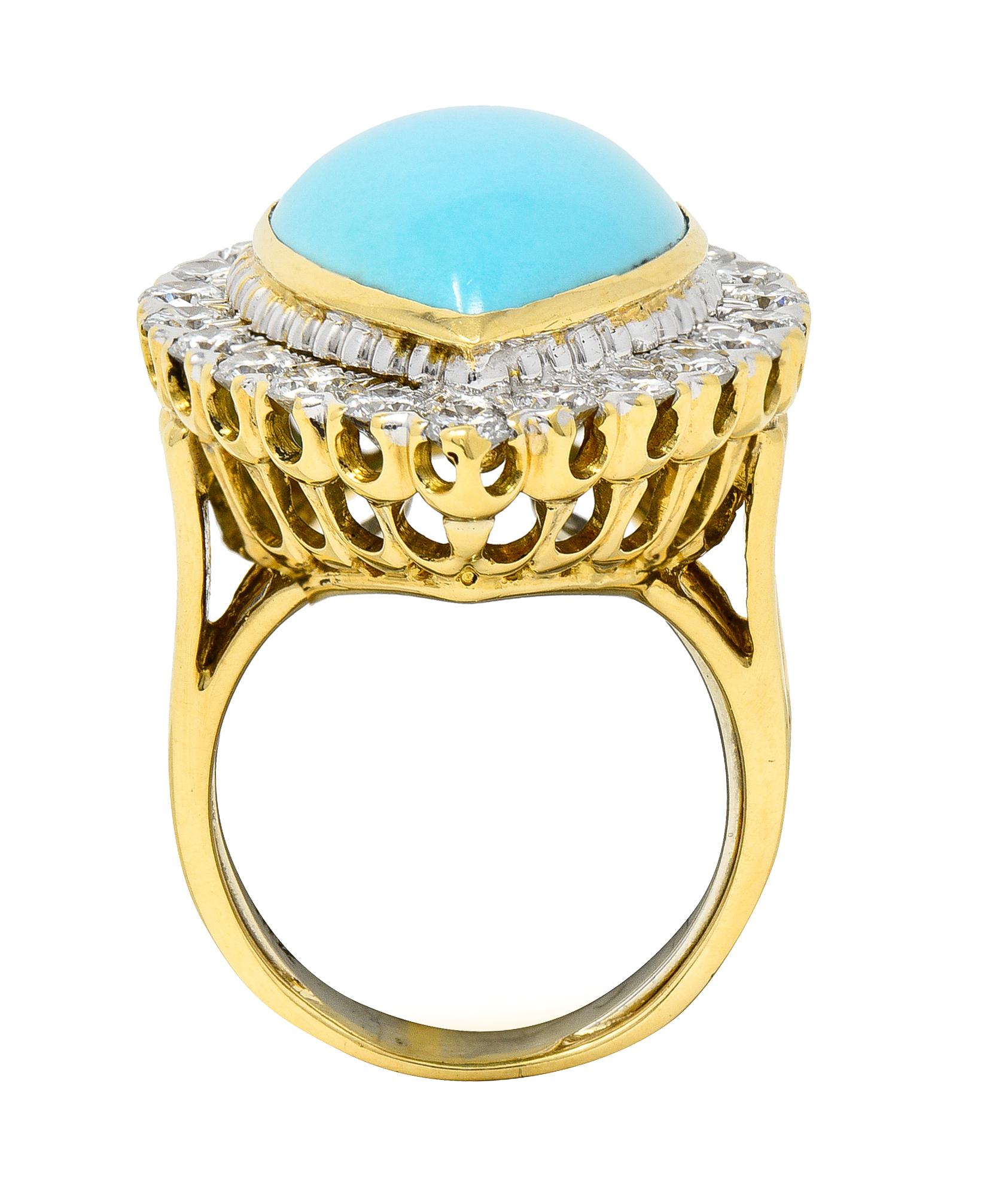 David Webb 1970s Turquoise Diamond Platinum-Topped 18 Karat Gold Halo Ring For Sale 2
