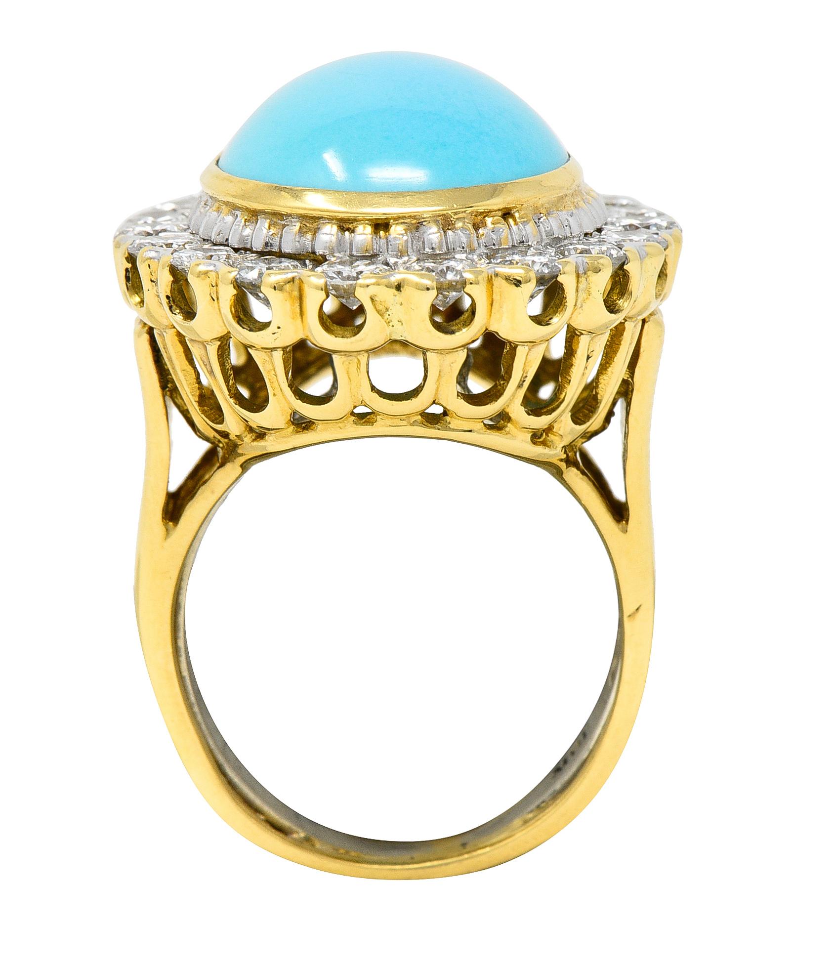 David Webb 1970s Turquoise Diamond Platinum-Topped 18 Karat Gold Halo Ring For Sale 3