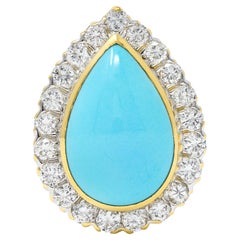 David Webb 1970s Turquoise Diamond Platinum-Topped 18 Karat Gold Halo Ring