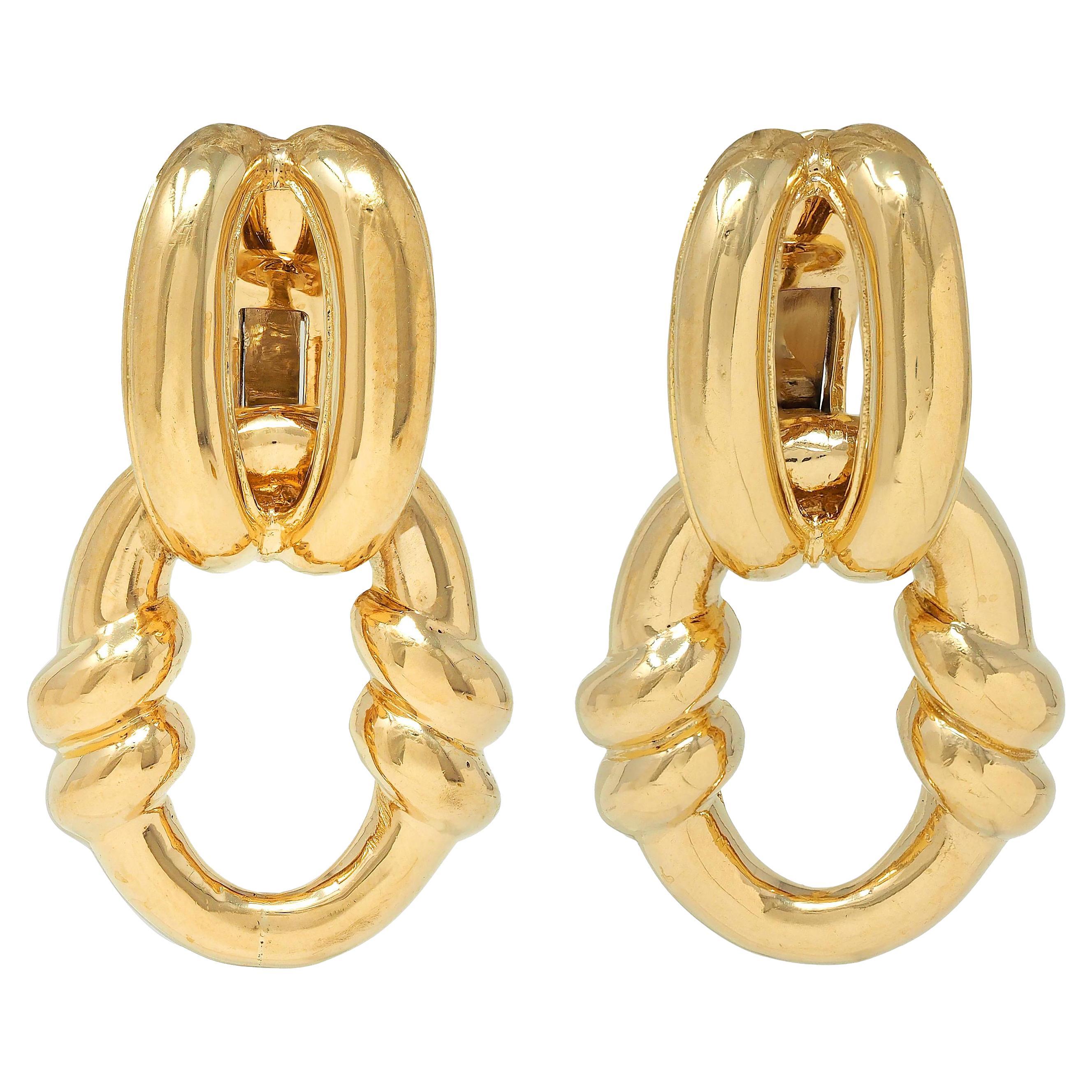 David Webb 1980's 18 Karat Yellow Gold Vintage Door Knocker Ear-Clip Earrings