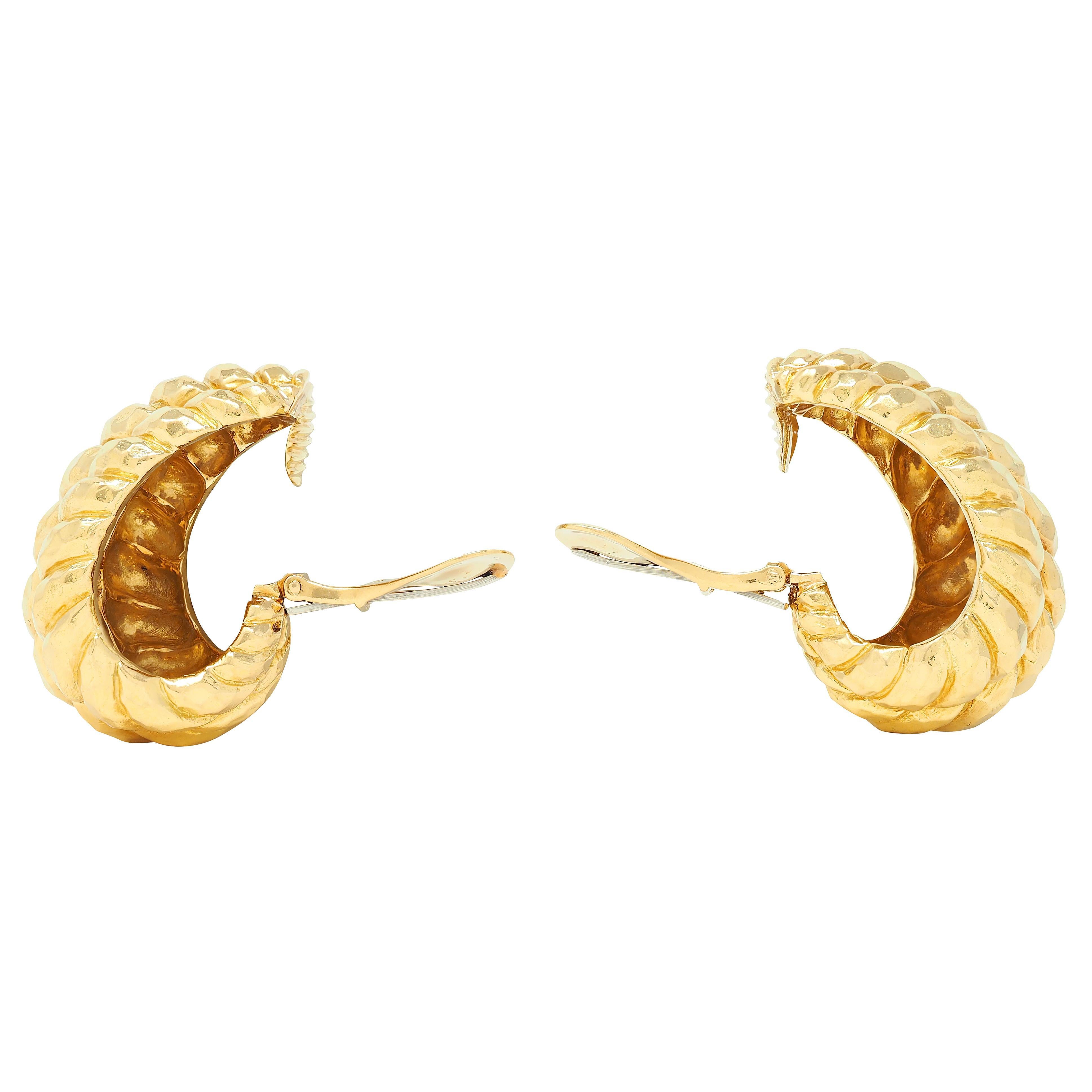 Women's or Men's David Webb 1980's 18 Karat Yellow Gold Vintage J-Hoop Ear-Clip Earrings For Sale