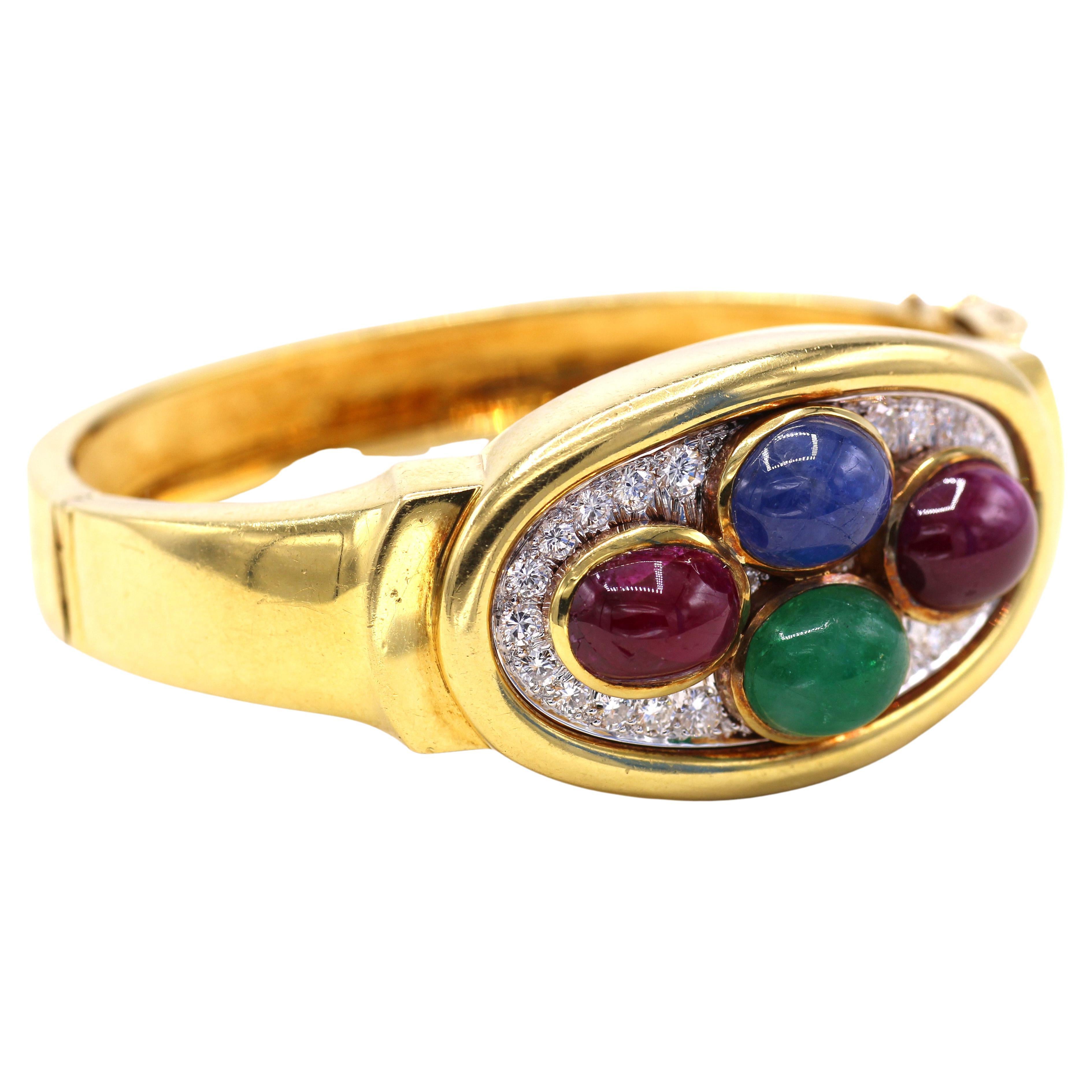 David Webb 1980s Diamond Emerald Ruby Sapphire Platinum 18 Karat Gold Bracelet