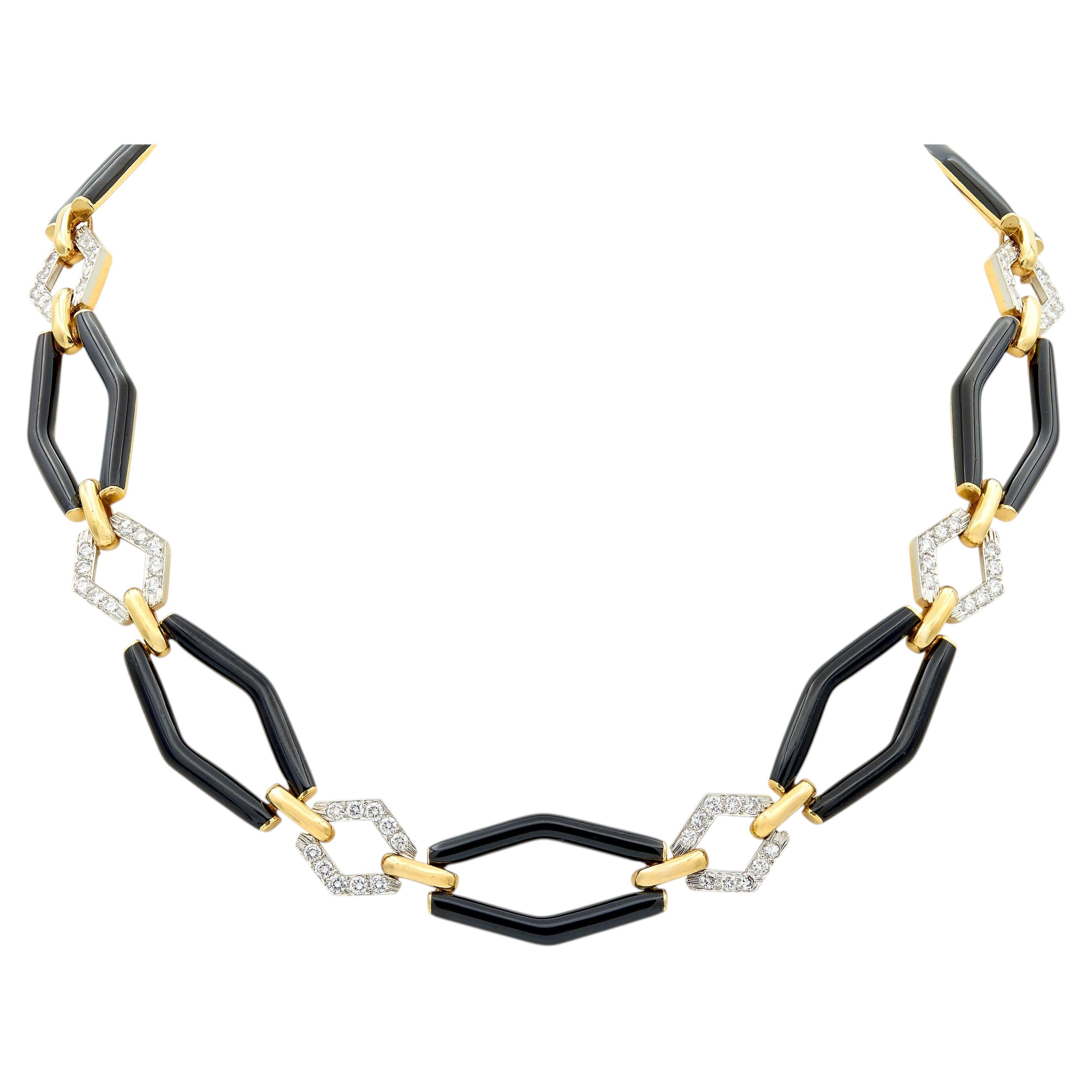 Pre-owned David Webb 1980's Diamond Enamel 18k Yellow Gold Platinum Vintage Link Necklace