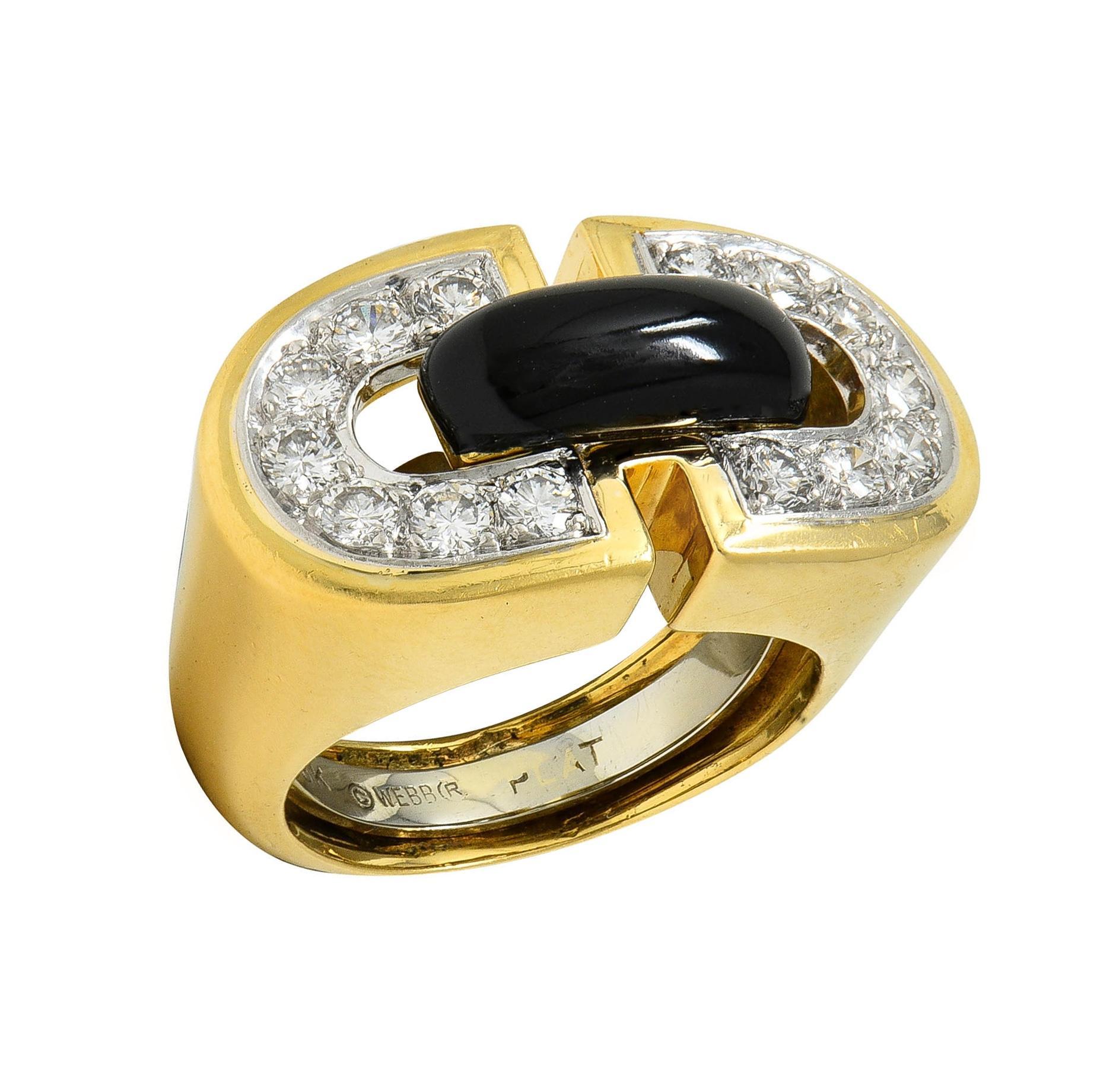 David Webb 1980's Diamond Enamel Platinum 18K Gold Vintage Buckle Ring For Sale 6