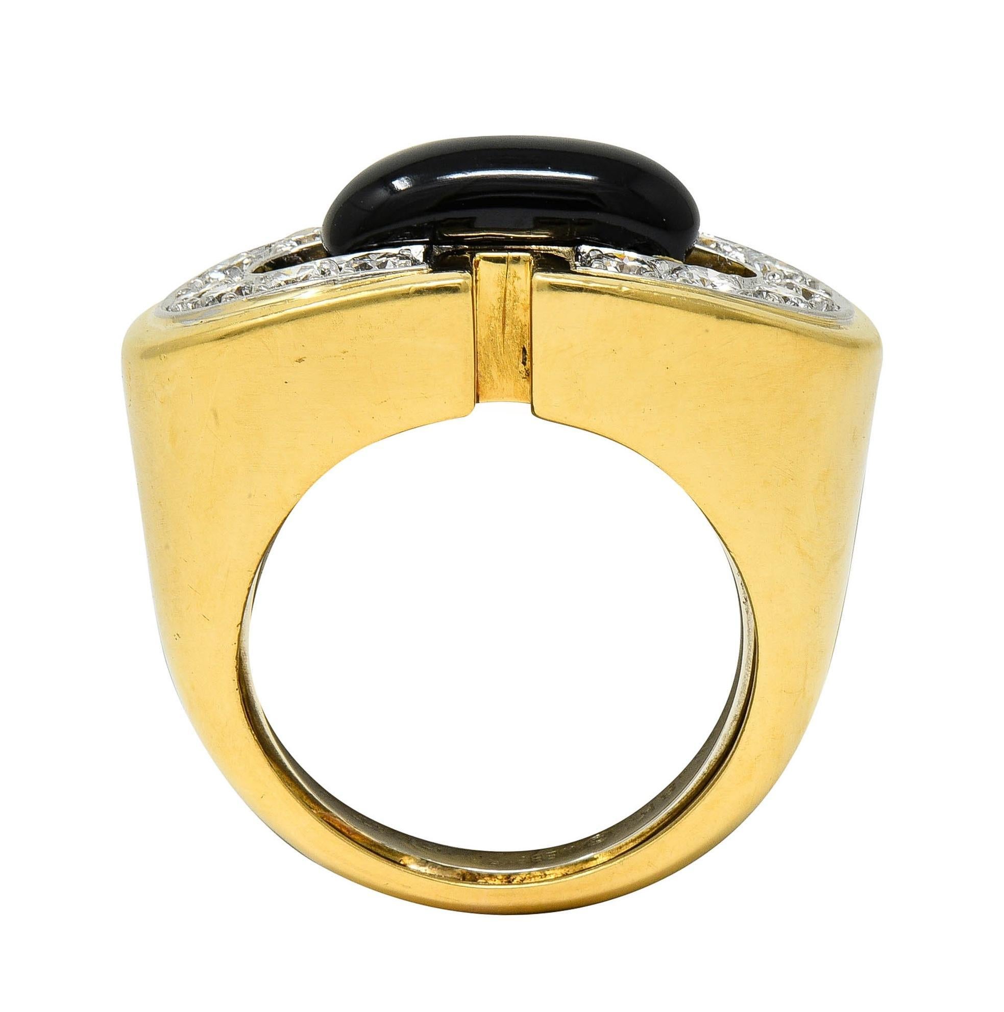 Brilliant Cut David Webb 1980's Diamond Enamel Platinum 18K Gold Vintage Buckle Ring For Sale