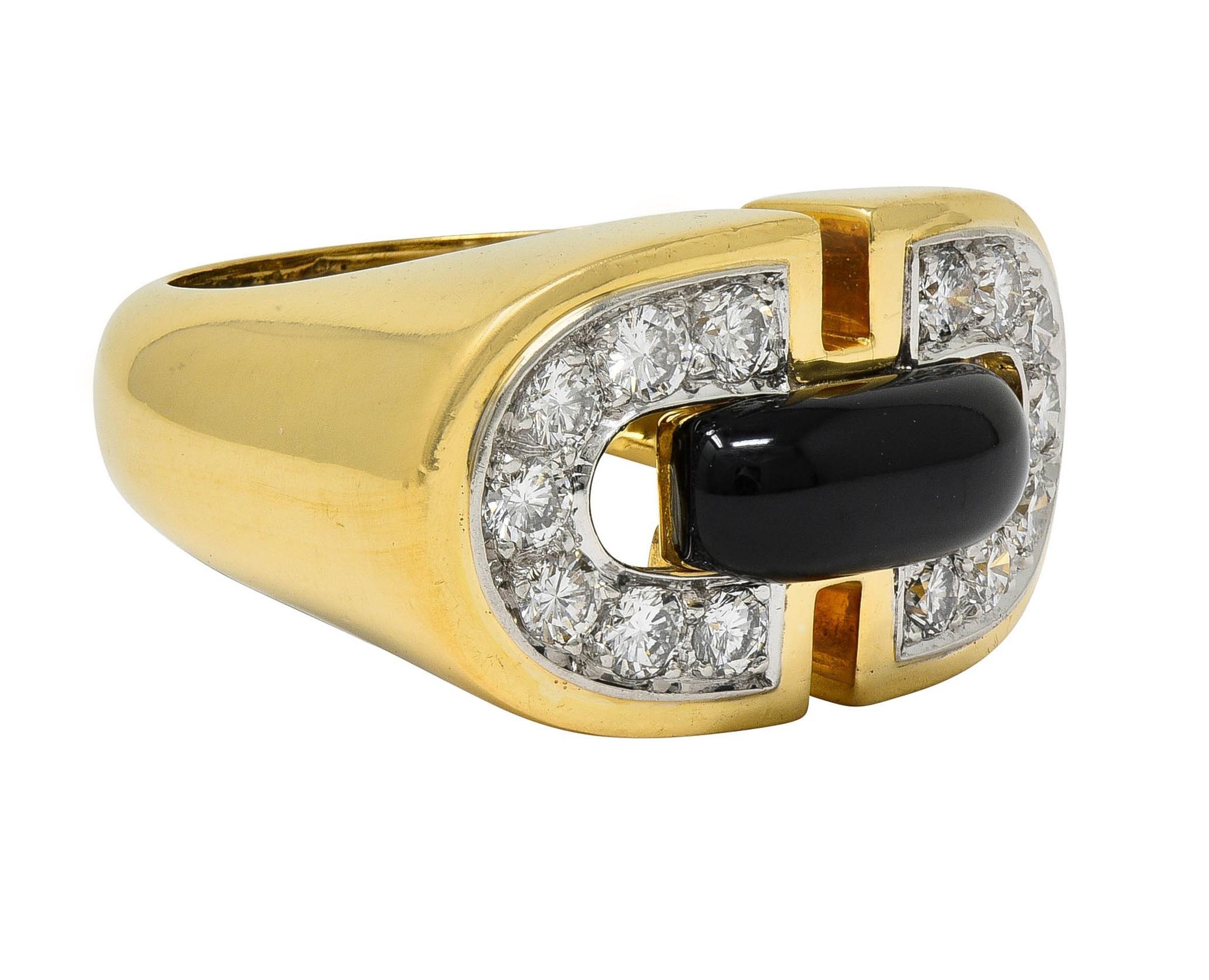 David Webb 1980's Diamond Enamel Platinum 18K Gold Vintage Buckle Ring In Excellent Condition For Sale In Philadelphia, PA