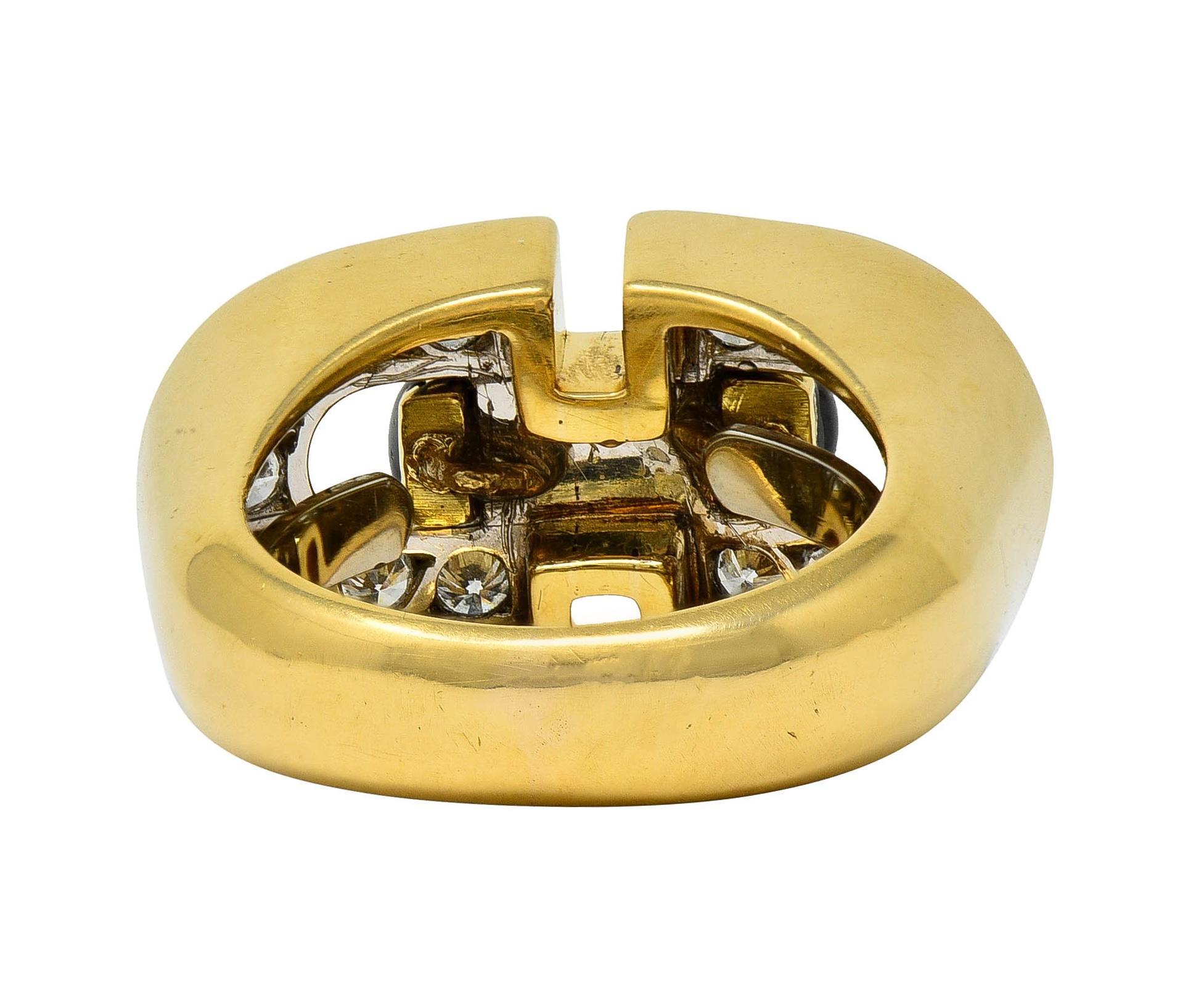 David Webb 1980's Diamond Enamel Platinum 18K Gold Vintage Buckle Ring For Sale 1