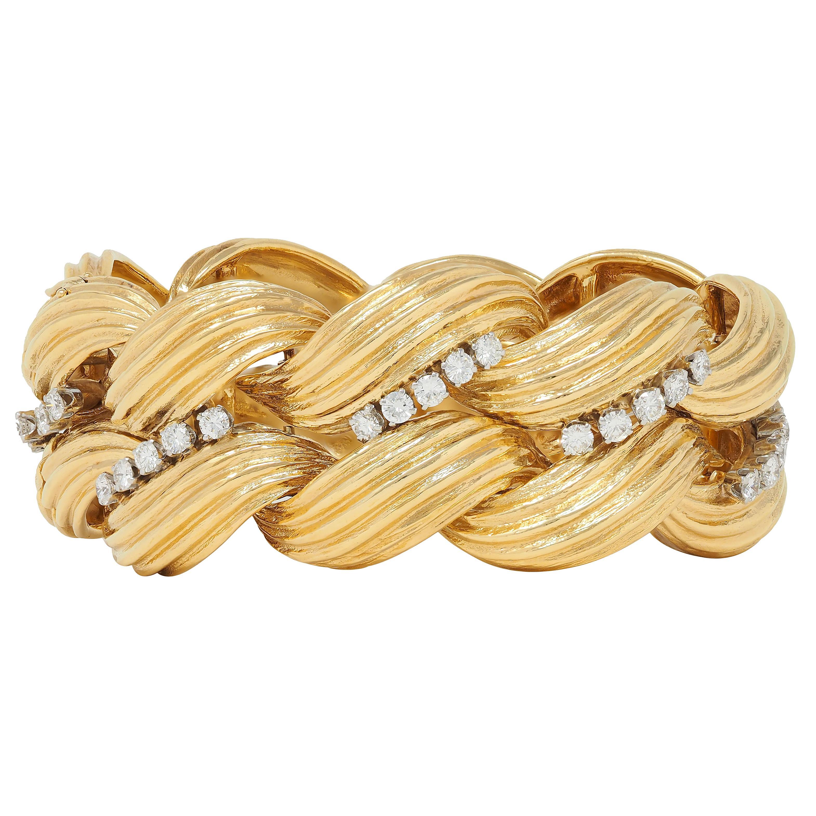 Taglio brillante David Webb 1980 - Bracciale vintage con diamanti e platino in oro giallo 18 carati in vendita