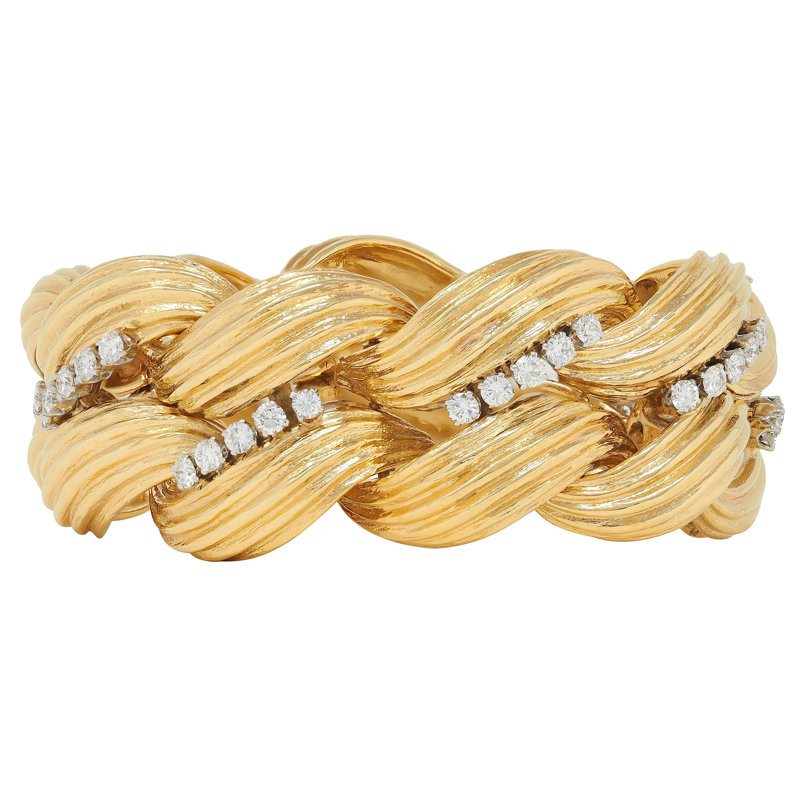 Donna David Webb 1980 - Bracciale vintage con diamanti e platino in oro giallo 18 carati in vendita