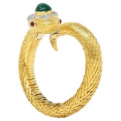 David Webb 1980's Emerald Ruby Diamond 18 Karat Platinum Snake Bracelet