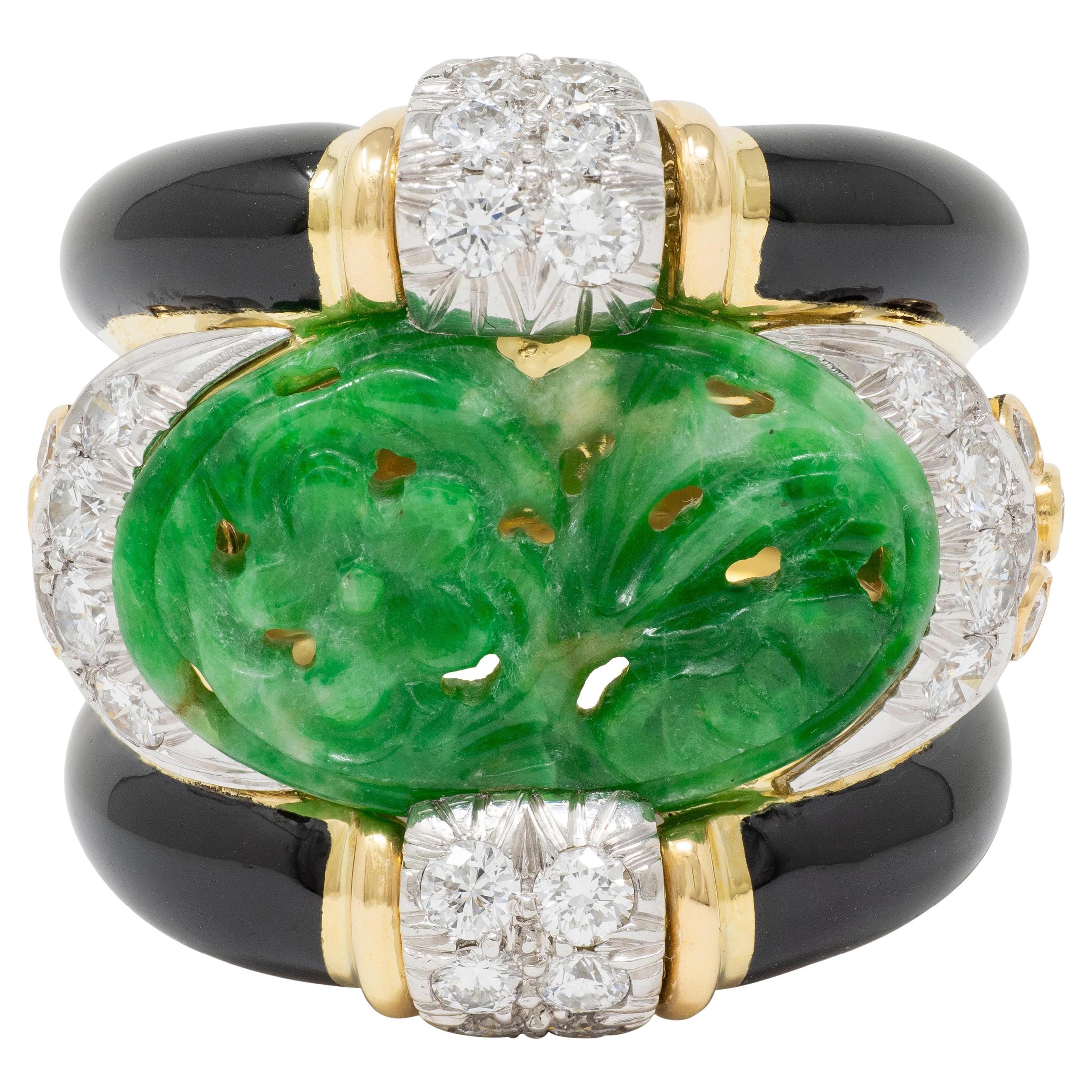 David Webb 1980
s Jade Diamond Enamel Platinum 18K Gold Floral Vintage Band Ring For Sale