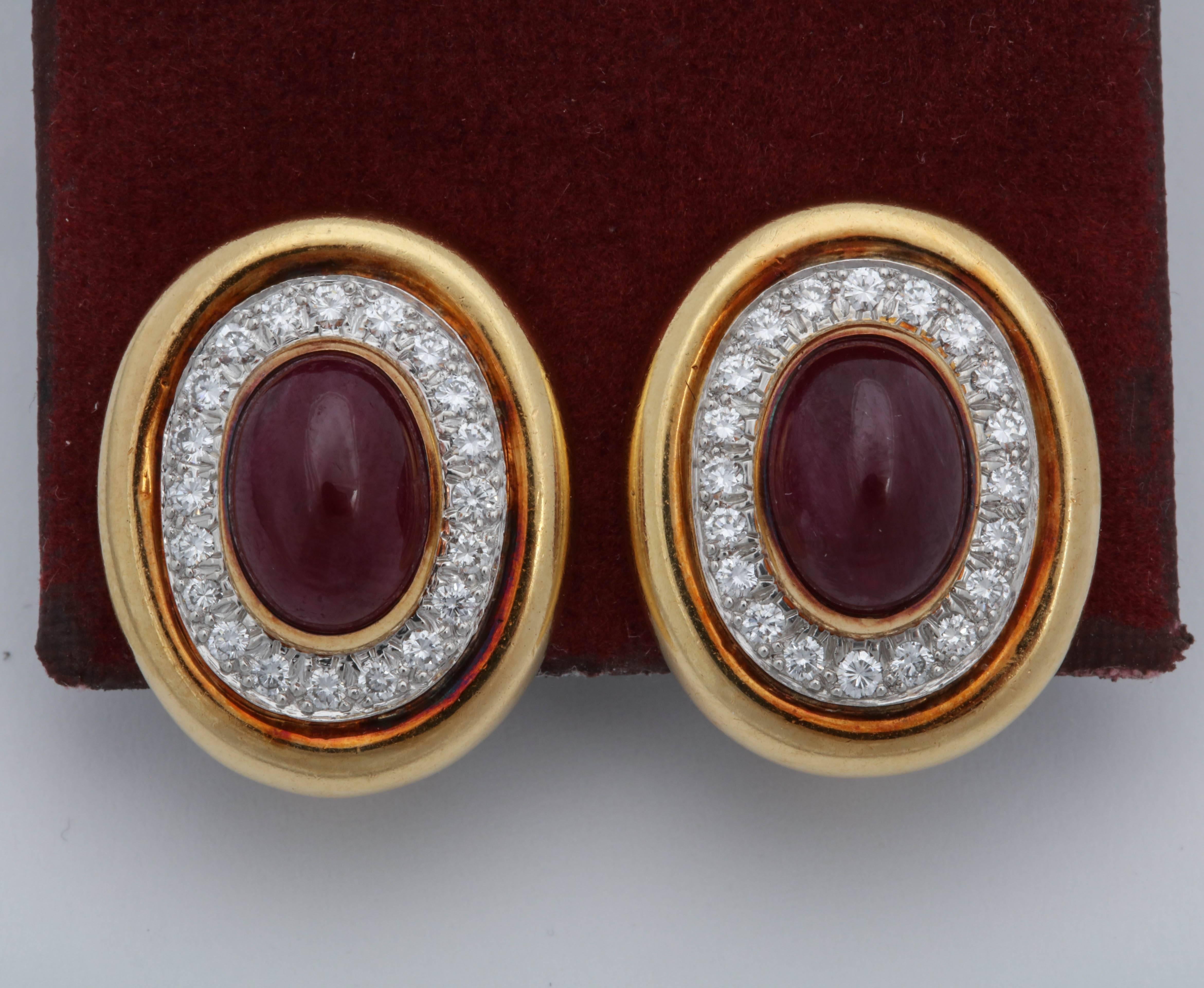 Oval Cut David Webb 1980s Oval Shaped Cabochon Ruby with Diamonds Gold Clip-On Earrings
