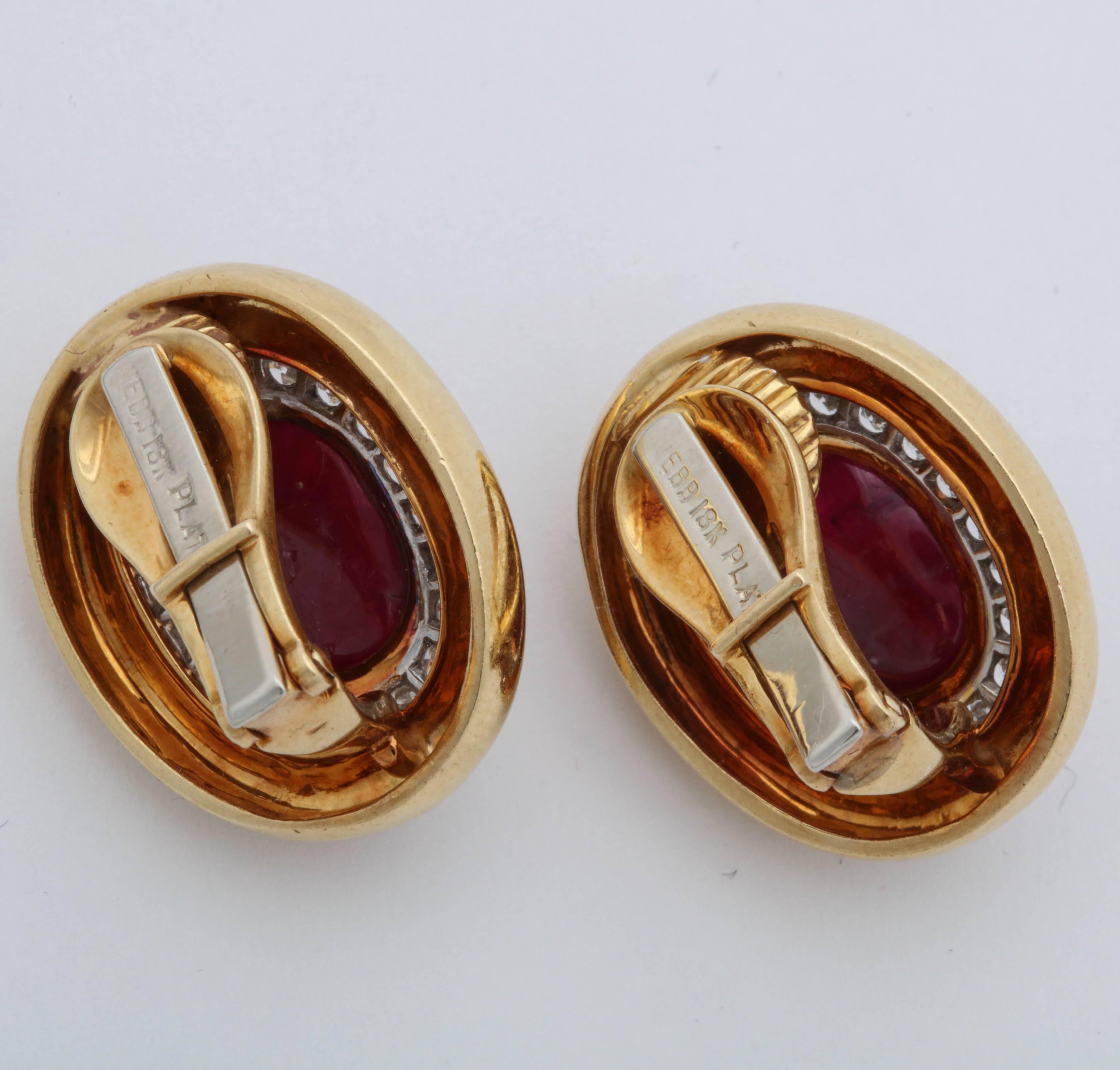 Women's David Webb 1980s Oval Shaped Cabochon Ruby with Diamonds Gold Clip-On Earrings