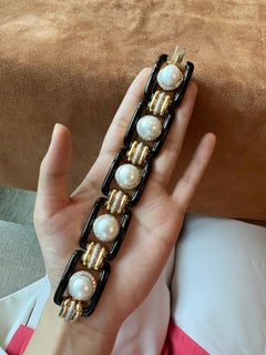 David Webb 1980s Pearl Diamond Black Enamel 18K Gold Link Bracelet
