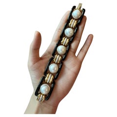 David Webb 1980s Pearl Diamond Black Enamel 18K Gold Link Bracelet