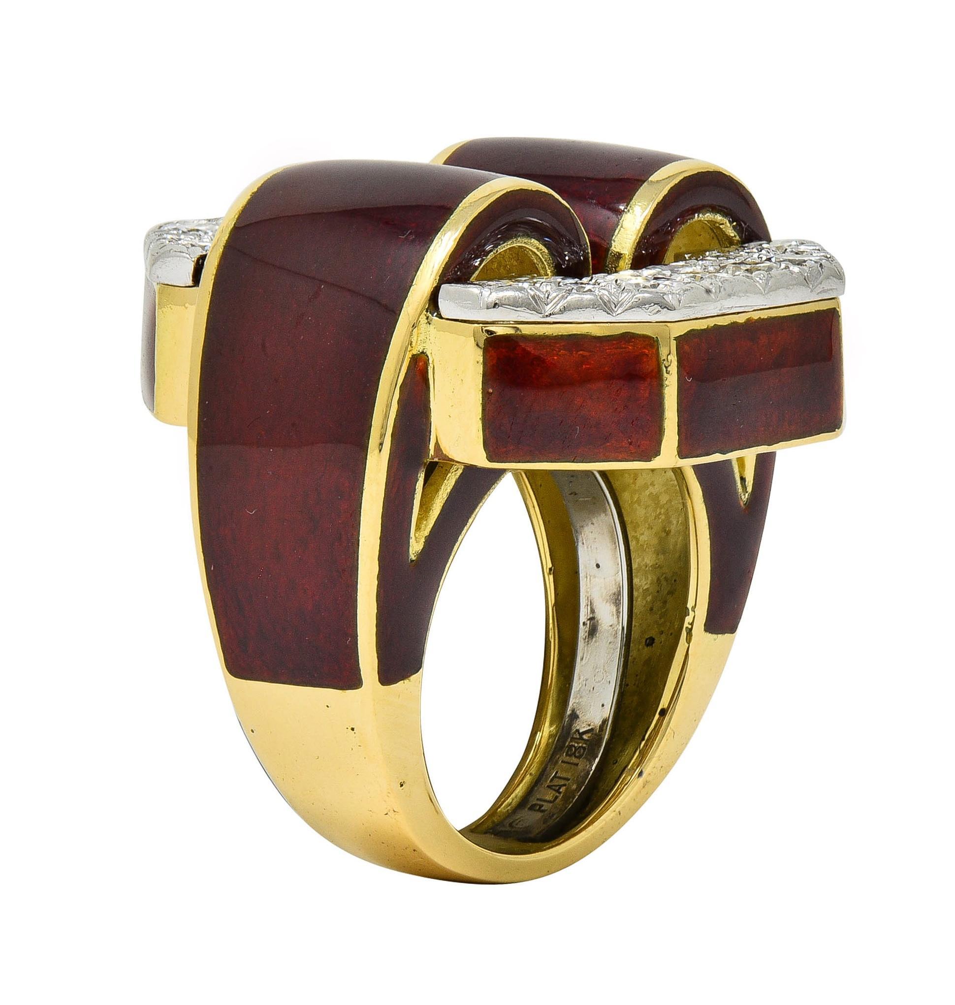 Taille brillant David Webb, bague vintage en or jaune 18 carats, platine, émail et diamants de 2,00 carats poids total en vente